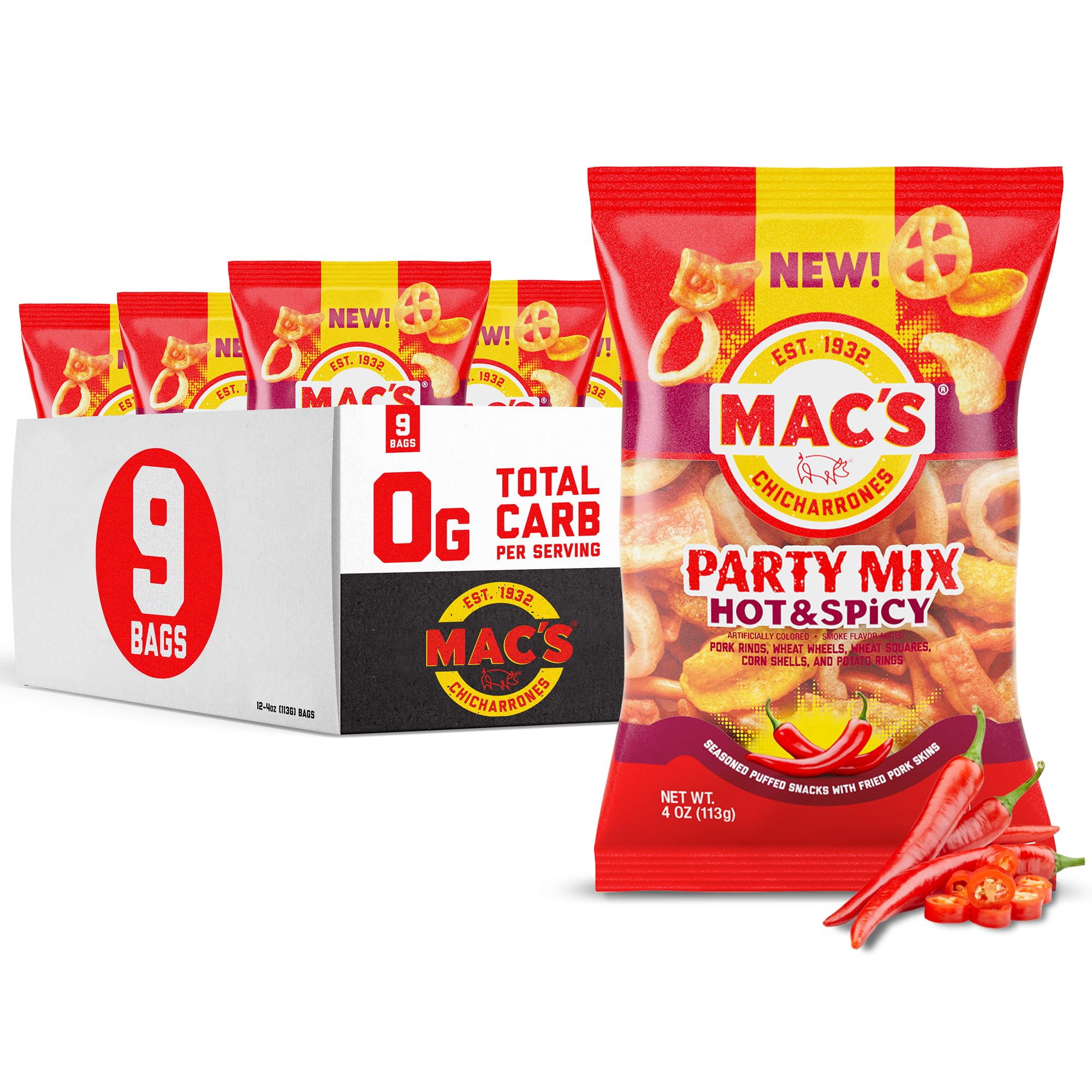 Mac's Hot & Spicy Pork Skins Party Mix - Hot & Spicy Flavored Chicharrones Pork Rinds - Party Snack - 4oz (9-Pack Party Mix)