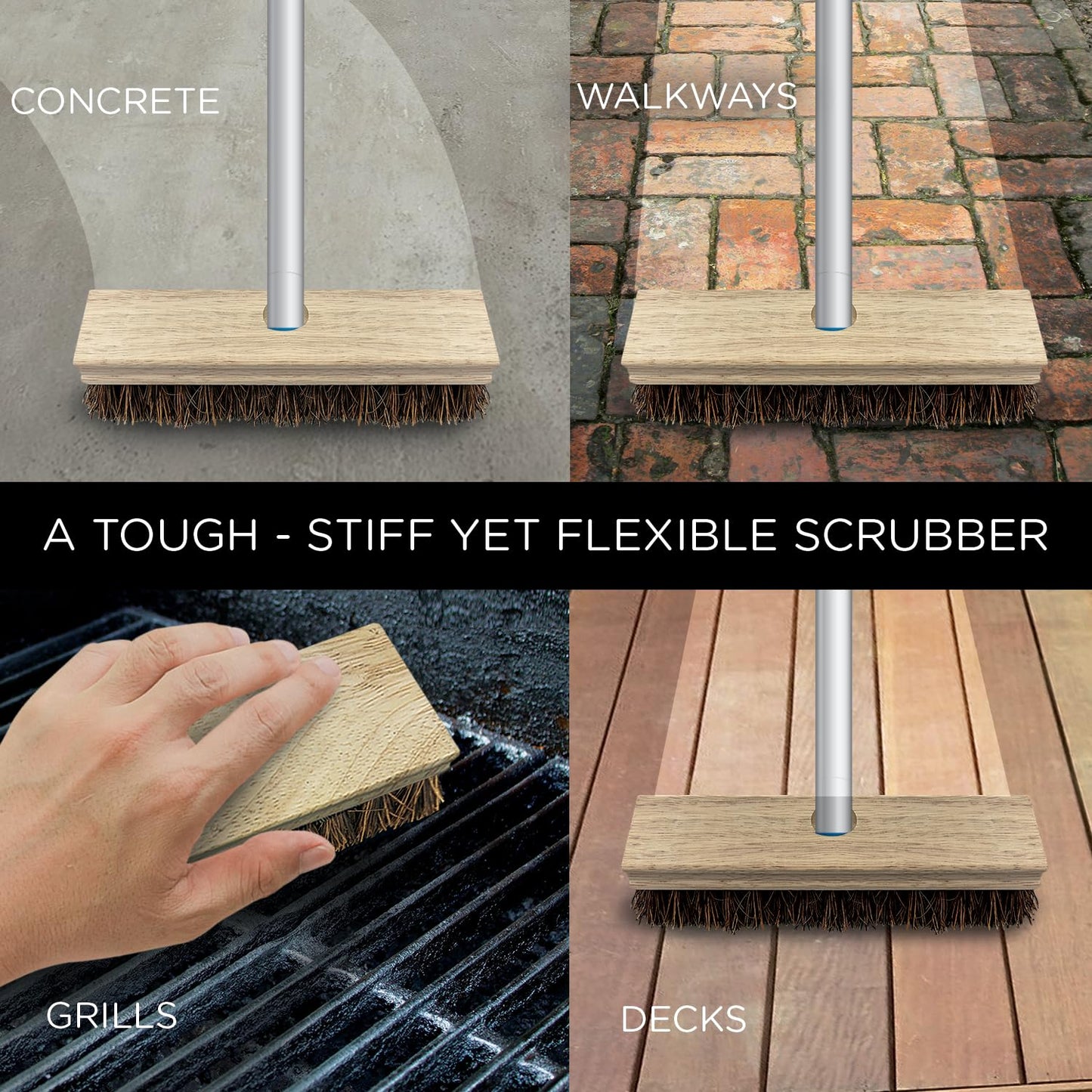LOLA Deck Scrub Brush, 9" x 3.5" Head w/Palmyra Bristles for Outdoor Cleaning, Removes Dirt & Grime from Patios, Decks, Grout, 1 Count