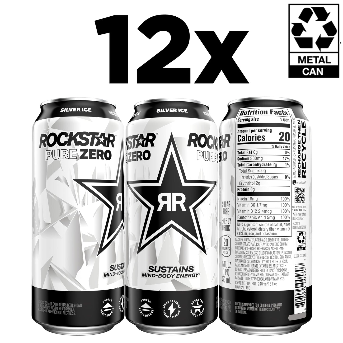 Rockstar Pure Zero Energy Drink, Silver Ice, 0 Sugar, with Caffeine and Taurine, 16oz Cans (Pack of 12) (Packaging May Vary)