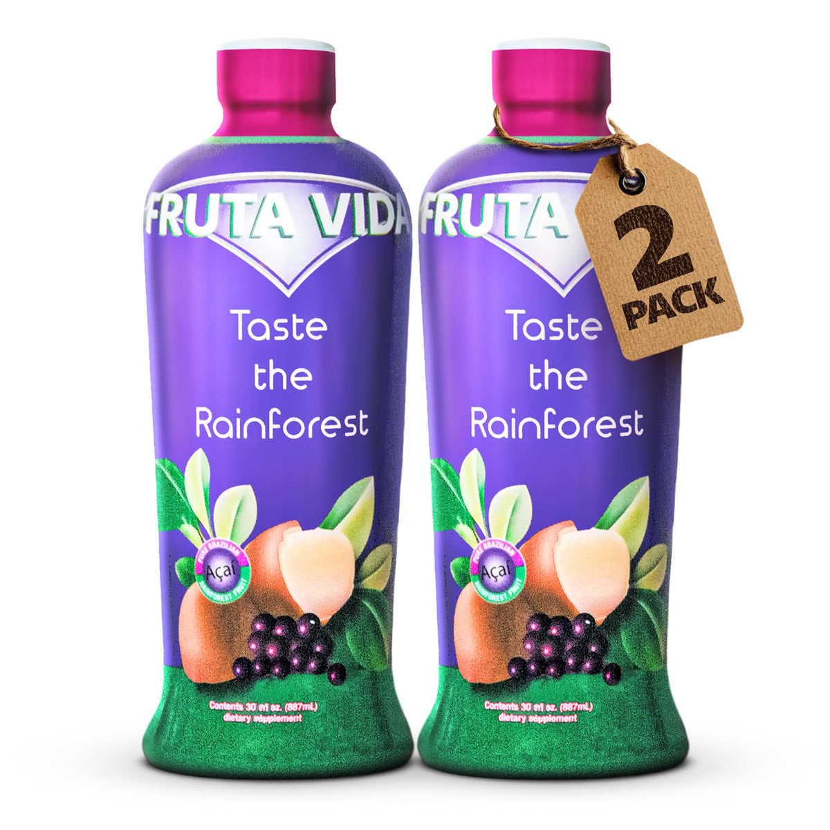 Fruta Vida - 2 Pack of 30 oz Bottles - Acai - Yerba Mate - Cupuacu Juice - by Pro Image International