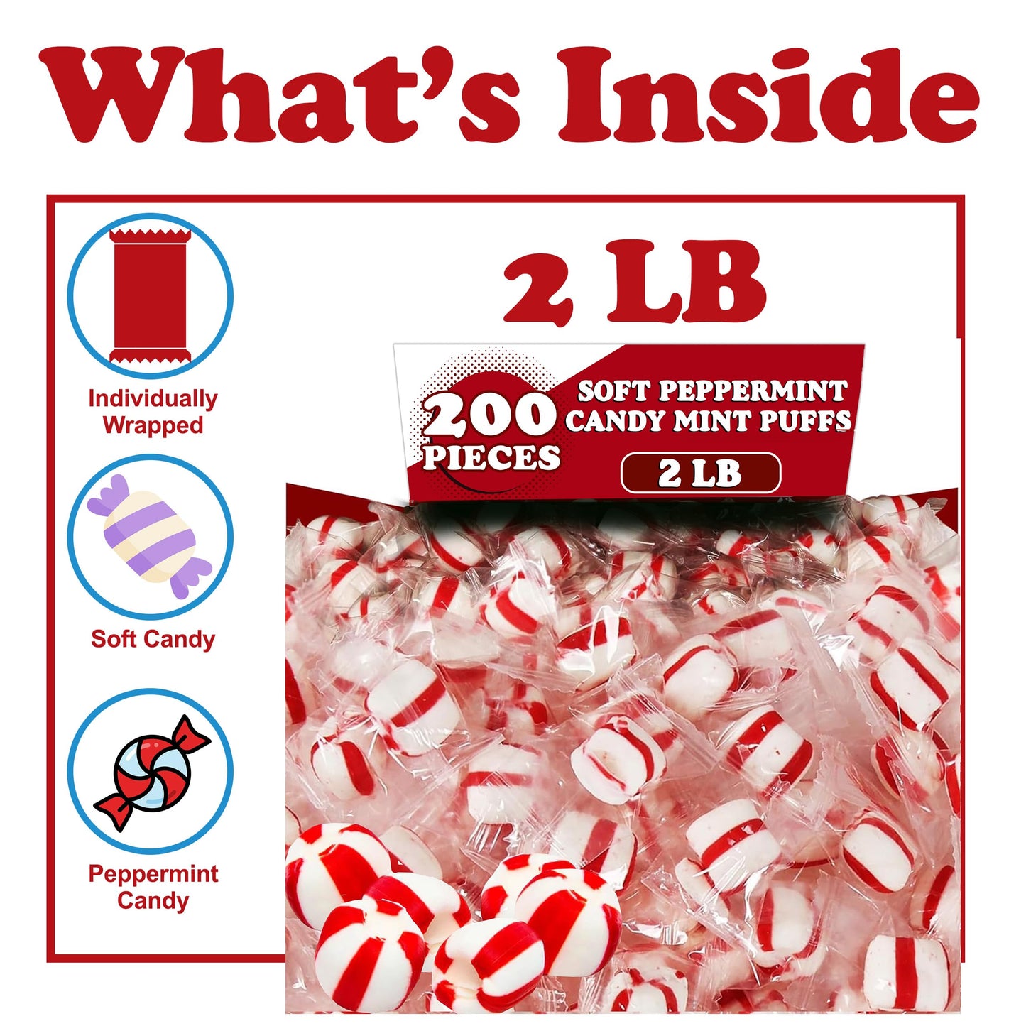 Soft Peppermint Candy Balls, 200 Pieces of Classic Christmas Candy Bulk, Stocking Stuffer, Individually Wrapped Red and White Striped Peppermint Puffs