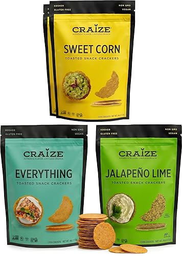 Craize Savory Mix | Sweet Corn x2, Everything, Jalepeno Lime | Gluten Free, Vegan, Kosher, Toasted Corn Crackers | 4 pack, 4 oz each