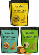 Craize Savory Mix | Sweet Corn x2, Everything, Jalepeno Lime | Gluten Free, Vegan, Kosher, Toasted Corn Crackers | 4 pack, 4 oz each