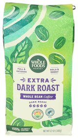 Whole Foods Market, Extra Dark Roast Whole Bean Coffee, Full & Intense, Bold & Smoky, 12 Ounce