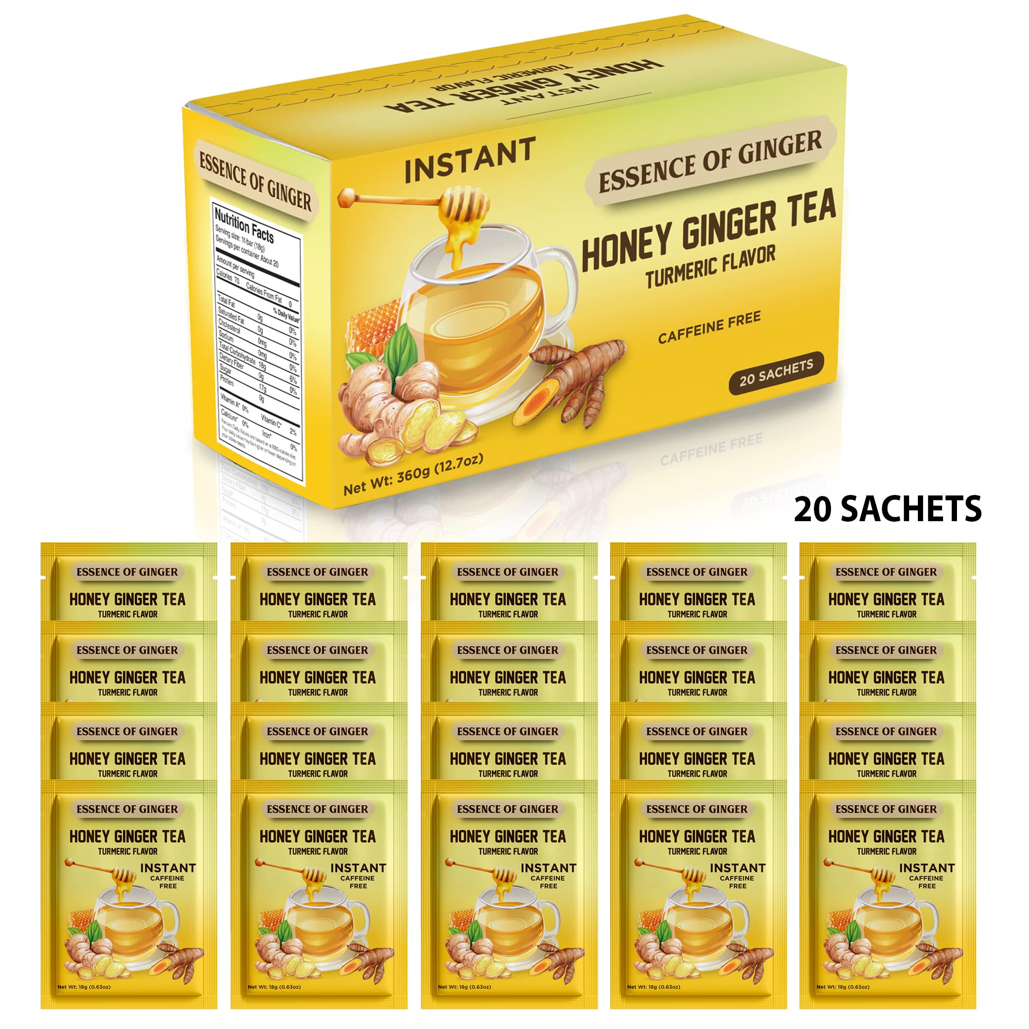 Premium Honey Ginger Crystals Turmeric Beverage 20 Packets Instant Herbal Tea Bags Pure Honey, Fresh Ginger, Turmeric Root Caffeine Free Blend