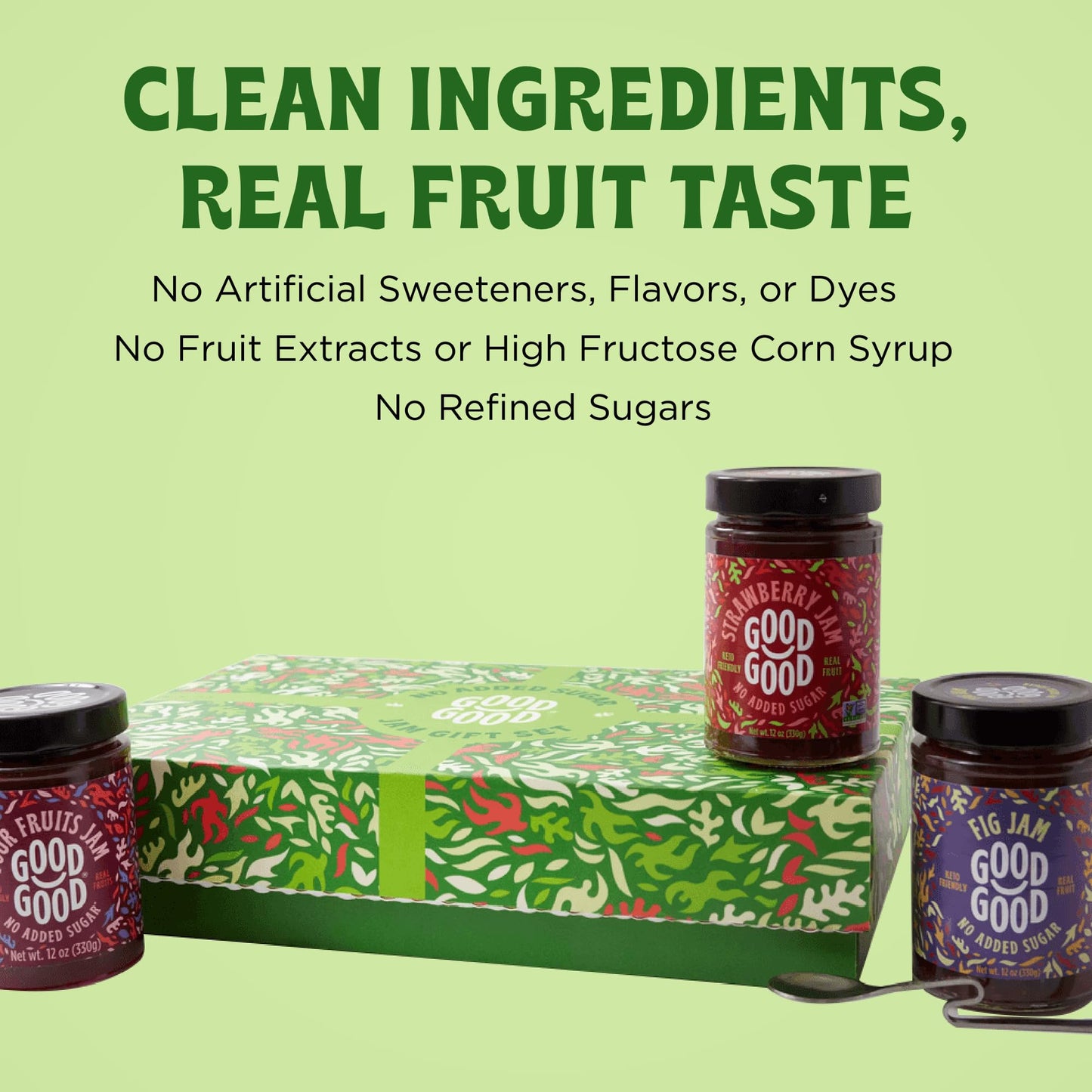 GOOD GOOD Assorted No Added Sugar Jam Gift Box - Strawberry, Fig & Four Fruits Jam Bundle with Serving Spoon - Low Carb, Low-Calorie Spread - Keto