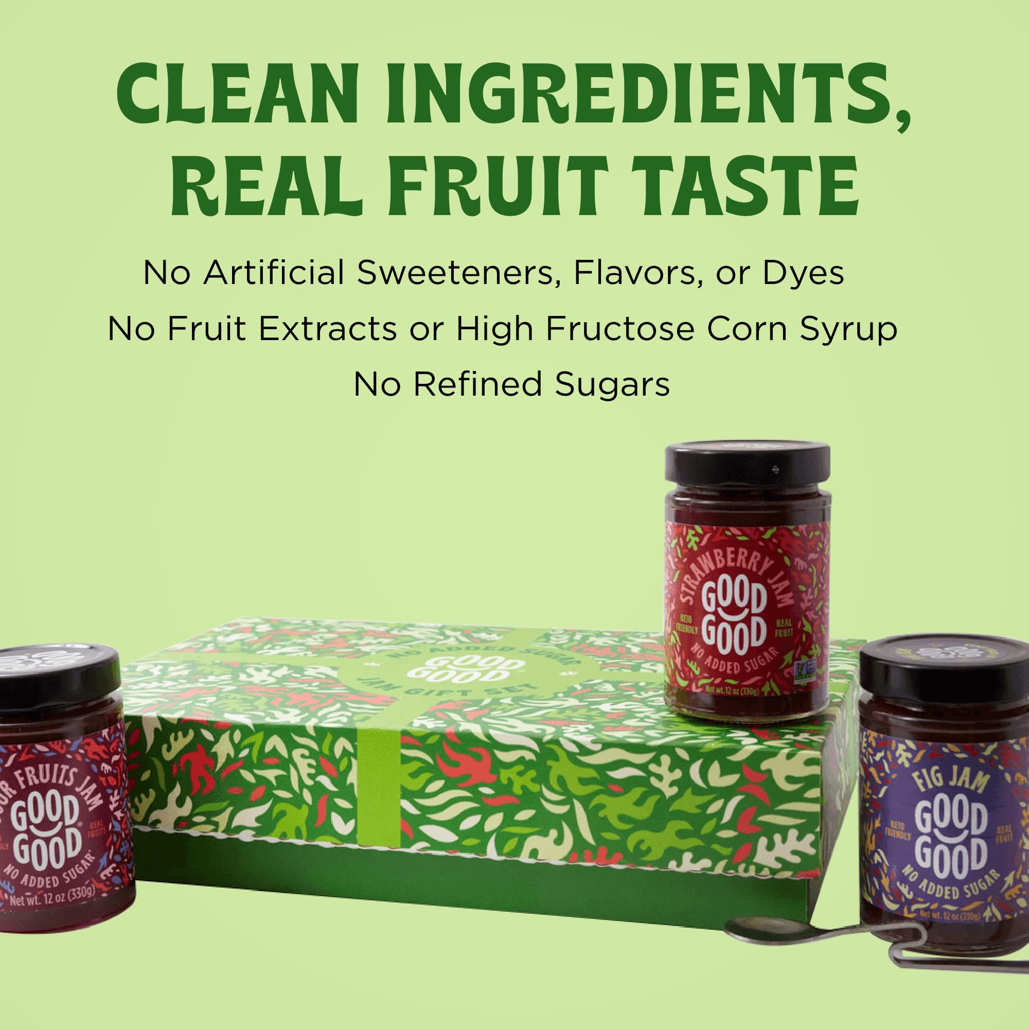 GOOD GOOD Assorted No Added Sugar Jam Gift Box - Strawberry, Fig & Four Fruits Jam Bundle with Serving Spoon - Low Carb, Low-Calorie Spread - Keto