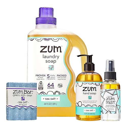 Zum Indigo Wild Home Essentials - Laundry Soap (64 oz) - Liquid Hand Soap (12 fl oz) - Room Spray Air Freshener (4 fl oz) - Goat Milk Soap Bar (3 oz)