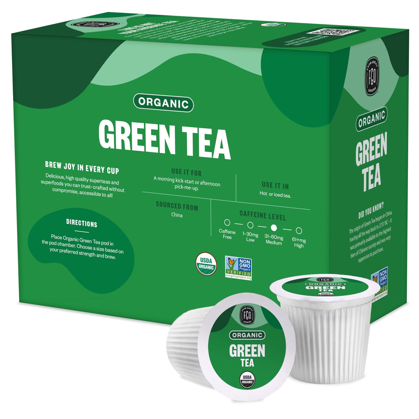 FGO Organic Green Tea K-Cup Pods for Keurig, 24 Count (Pack of 1), Premium Green Tea is USDA Organic, Non-GMO, & Recyclable with Naturally Occurring