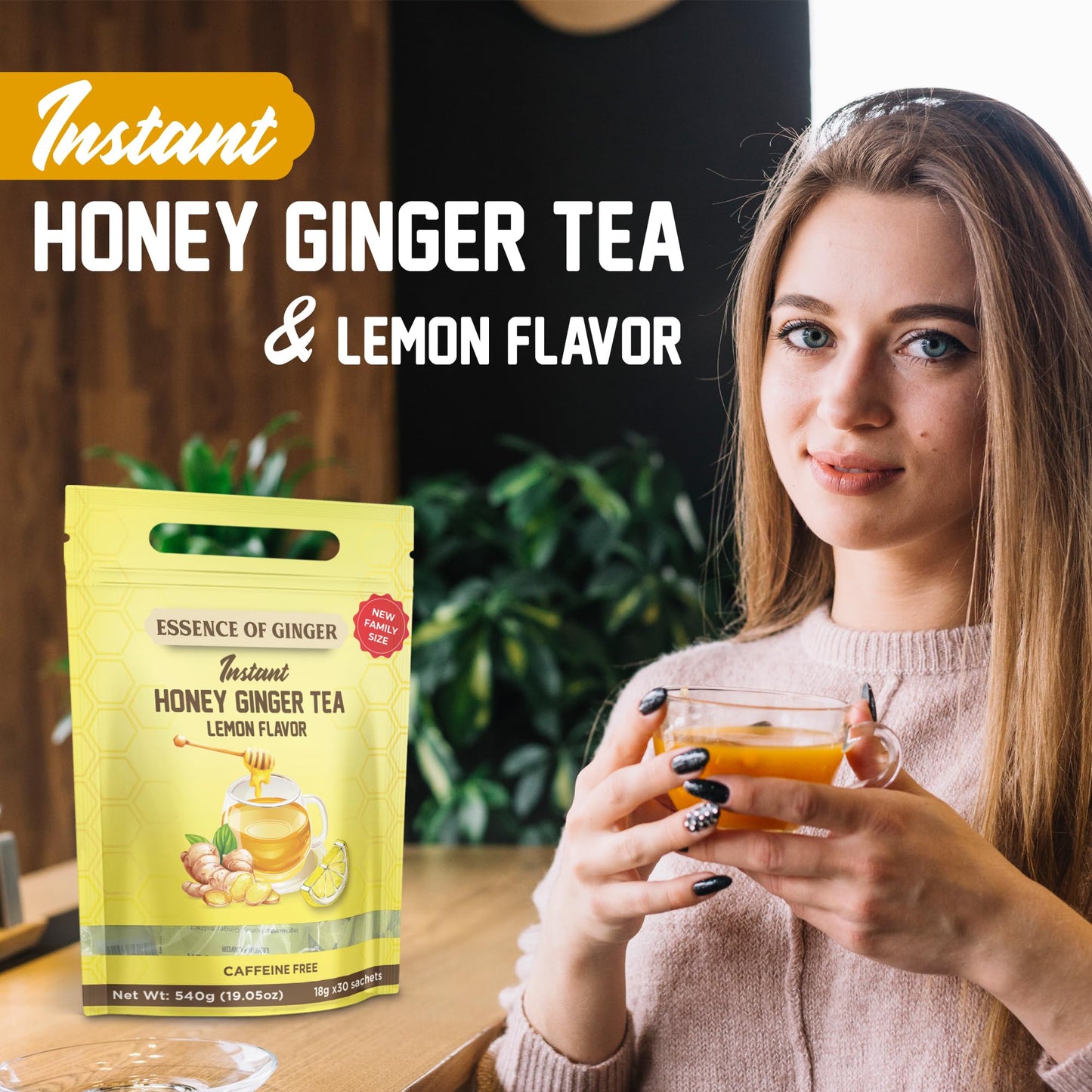 Natural Honey Lemon Ginger Root Herbal Crystals 30 Packets Instant Beverage 18 Grams Made With Real Pure Honey, Fresh Refreshing Lemon Citrus