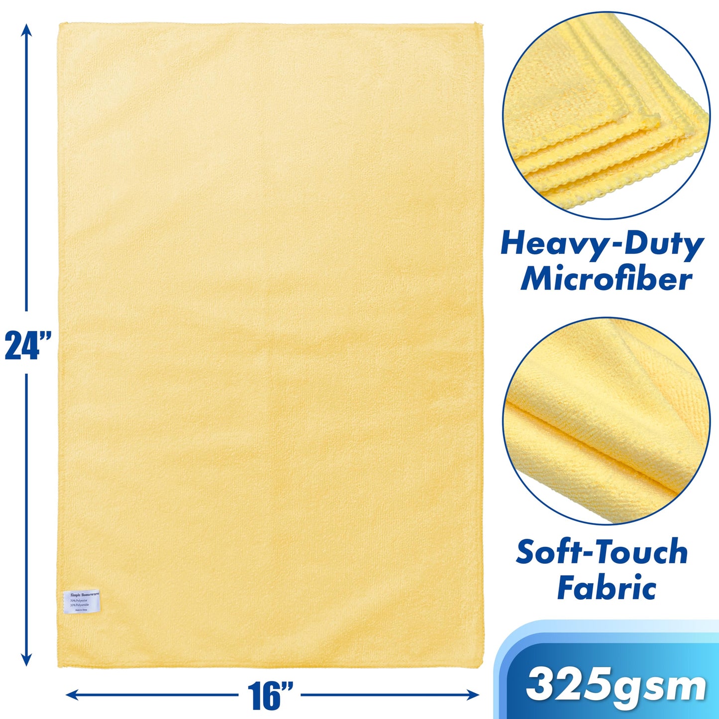 Simple Houseware 9-Pack Microfiber Cleaning Towels, Heavy-Duty & Reusable Cloths for Home, Kitchen, and Car, 16" x 24", 325 GSM