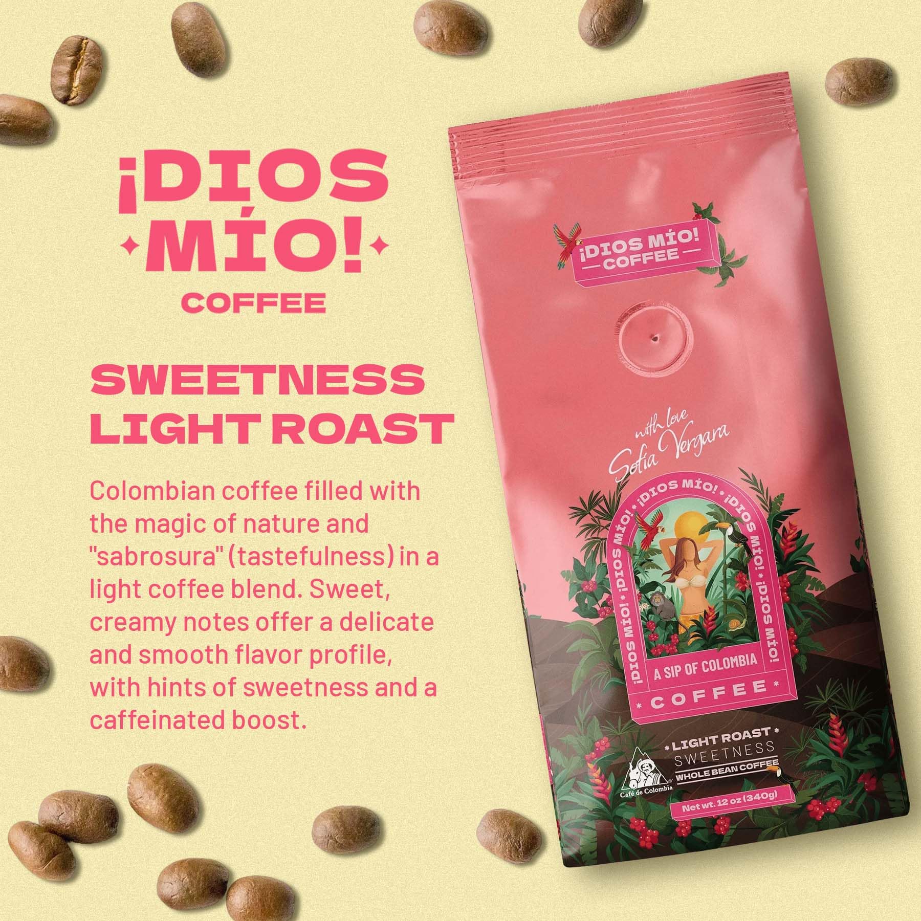 Dios Mio Coffee by Sofia Vergara, Light Roast, Whole Bean Premium Colombian Coffee, 12 Ounce Bag