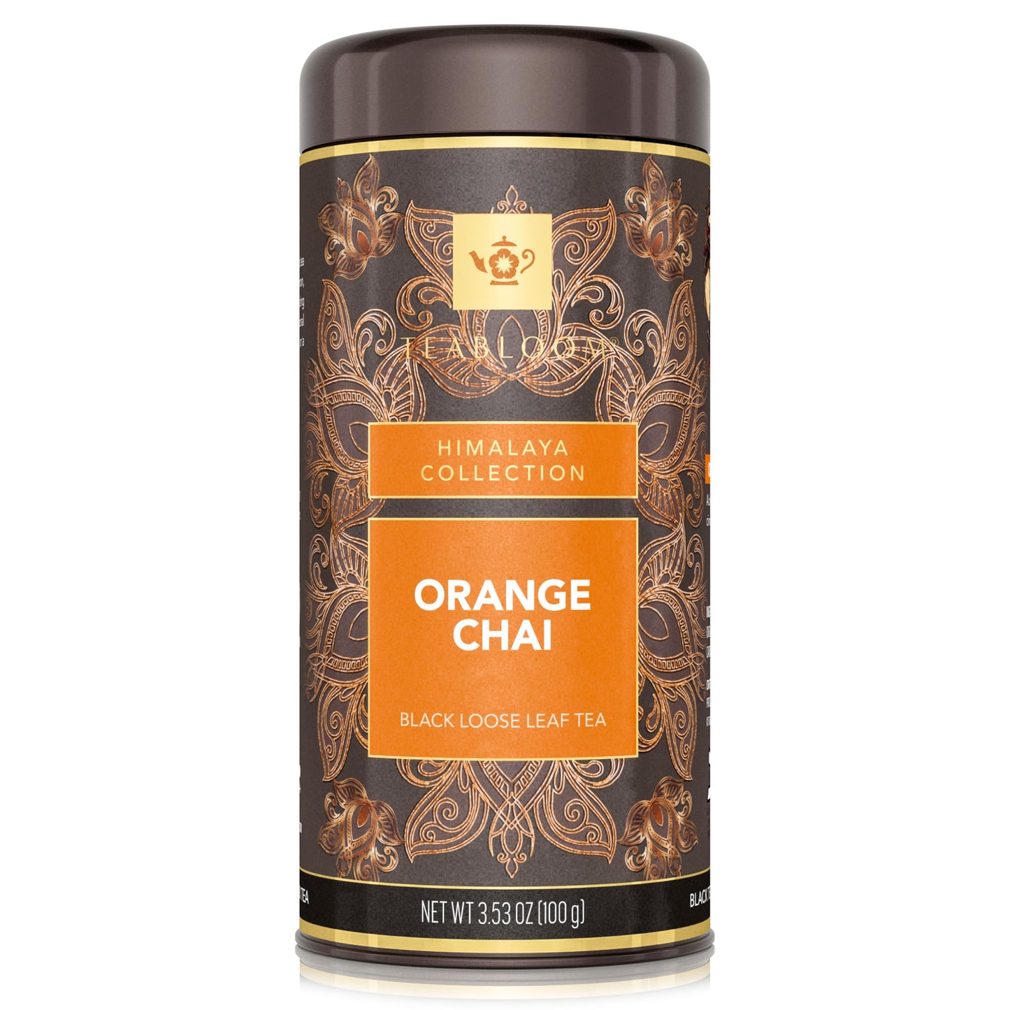 Teabloom Orange Chai Loose Leaf Black Tea with Citrus & Spice | Bold Cinnamon, Clove & Orange Flavor | Canister Makes 35-50 Cups | Gift-Ready Reusable