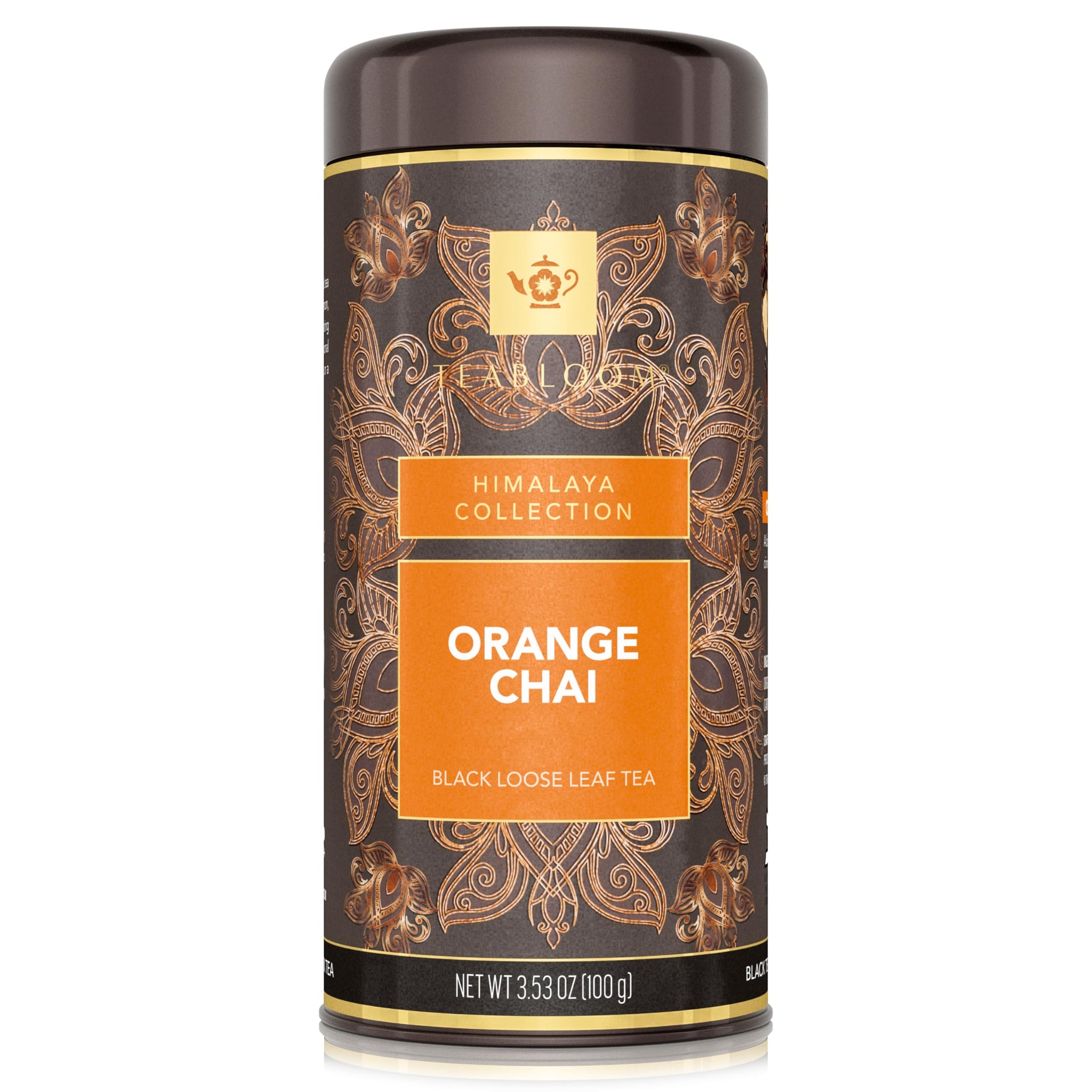 Teabloom Orange Chai Loose Leaf Black Tea with Citrus & Spice | Bold Cinnamon, Clove & Orange Flavor | Canister Makes 35-50 Cups | Gift-Ready Reusable