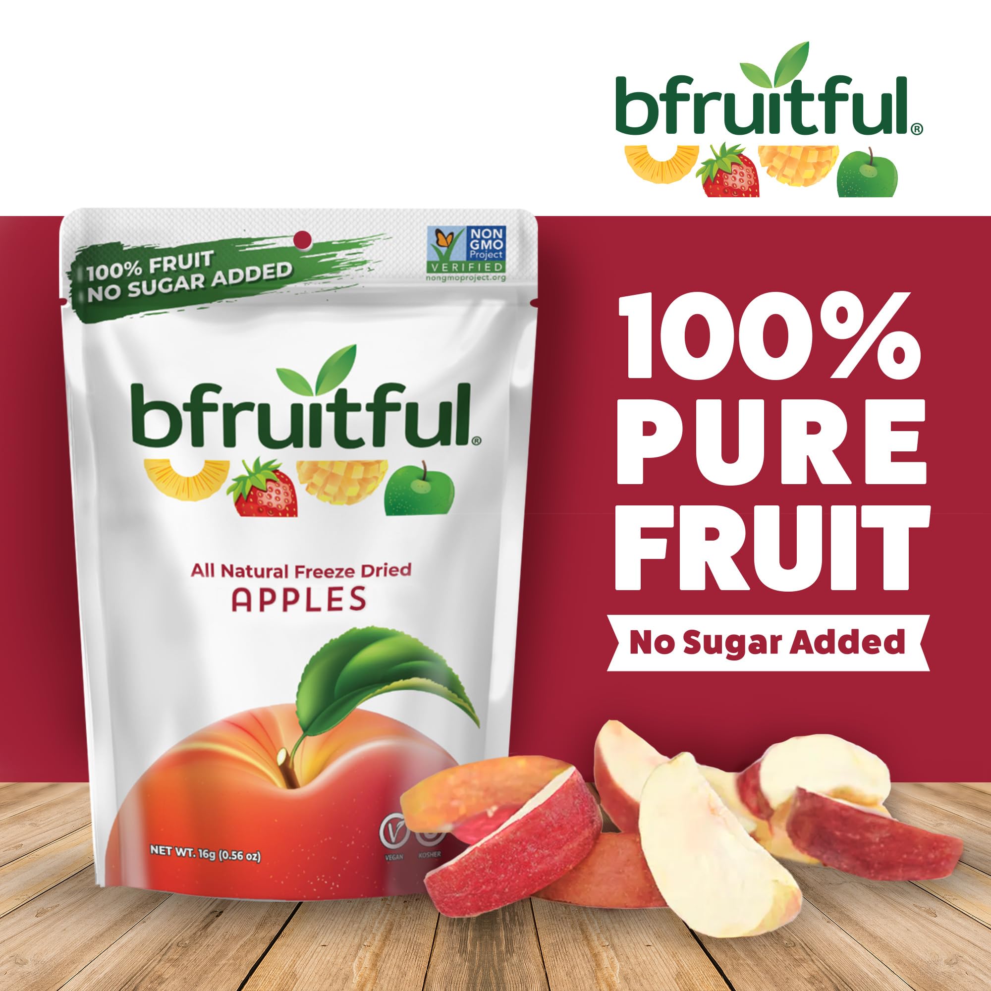 bfruitful Freeze-Dried Apple, Freeze Dried Fruit Snacks, Dried Apples with No Sugar Added, Vegan, Non GMO, Kosher, Wholesome Snack for Kids or Adults