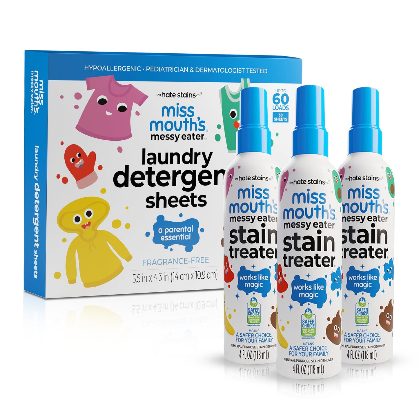 Miss Mouth's Stain Remover Spray & Detergent Sheet Bundle - 3 Bottles, 30 Sheets - On-the-Go Cleaning for Diaper Bag Essentials - Fresh & Set-In Stain