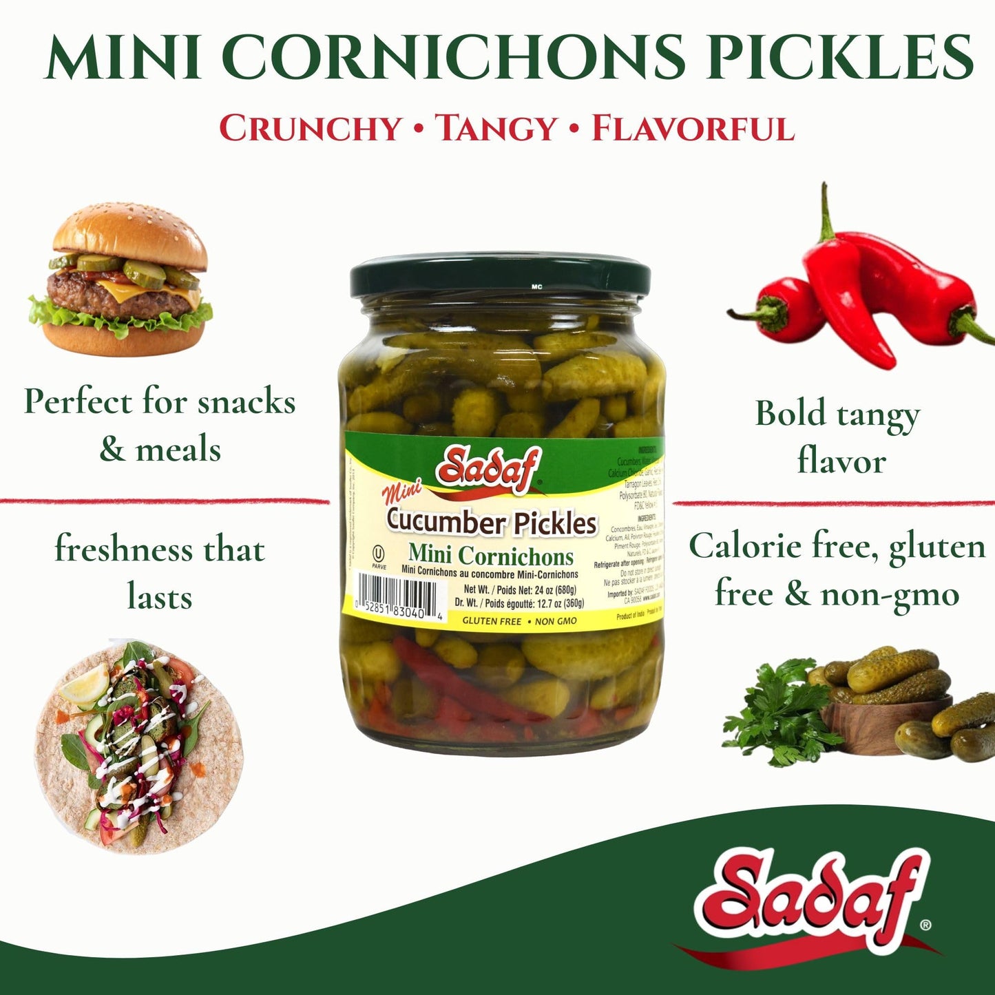 Sadaf Mini Cornichons Pickles - Cucumbers Pickles for Cooking & Snacking - Mini Cucumbers Pickled - Gluten Free - Non-GMO - Kosher - 24 oz Jar