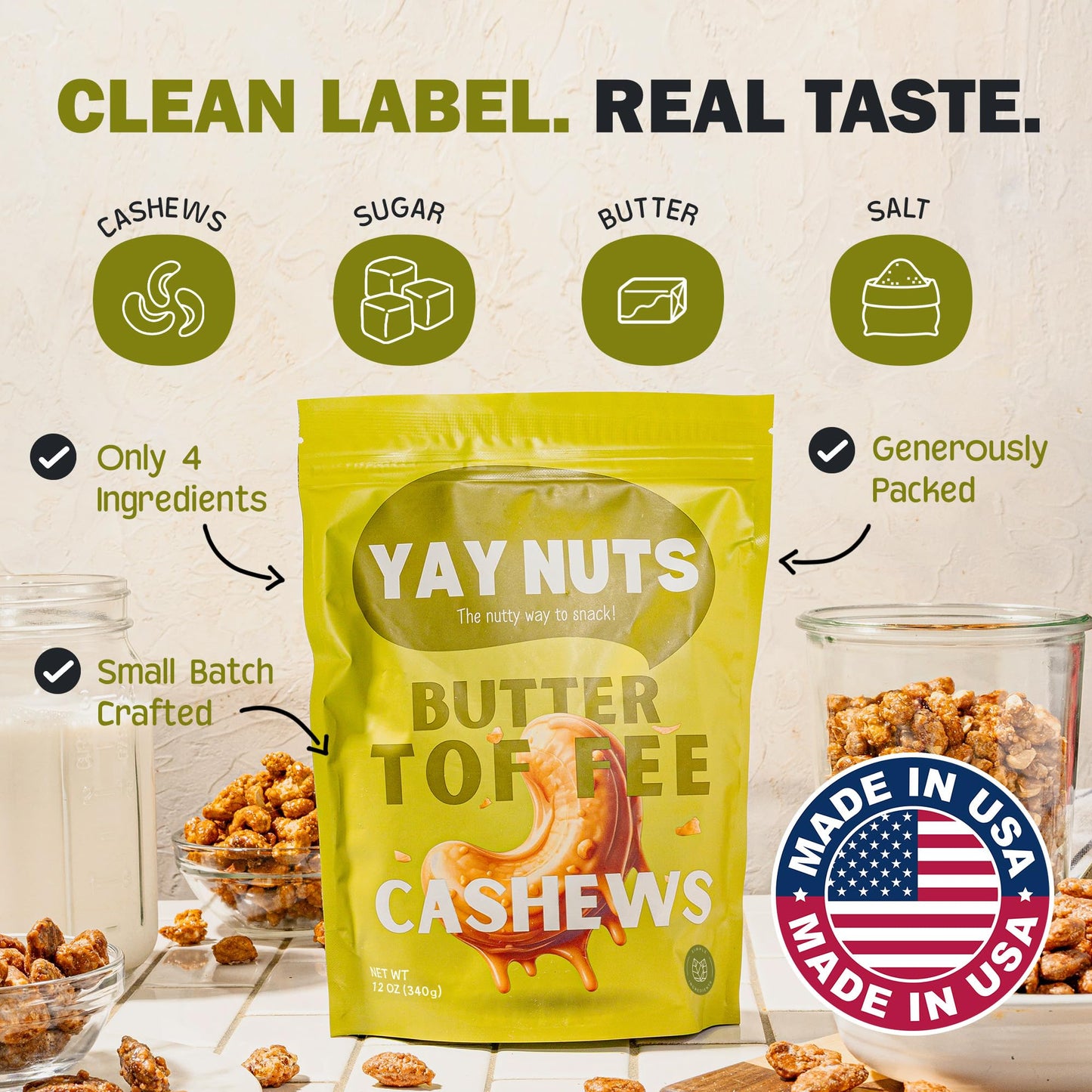 YAY NUTS Butter Toffee Cashews - All-Natural Sweet & Salty Snack, Crunchy Roasted Cashews Coated in Rich Caramelized Butter Toffee, Made in USA