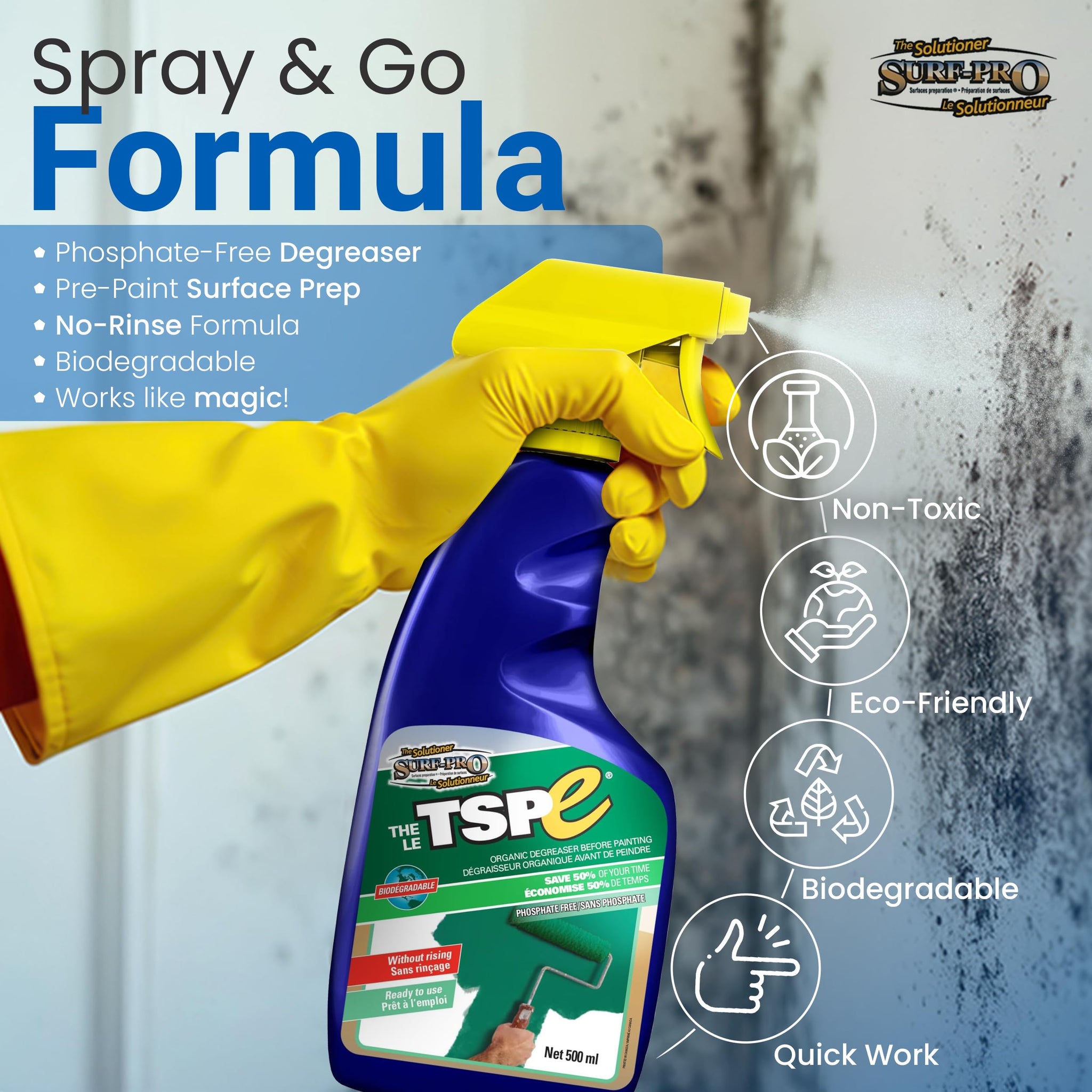 TSPE Cleaner Spray - 500ml Eco-Friendly No-Rinse Degreaser for Walls, Wood, Cabinets & Paint Prep - Phosphate-Free TSP Alternative - Biodegradable
