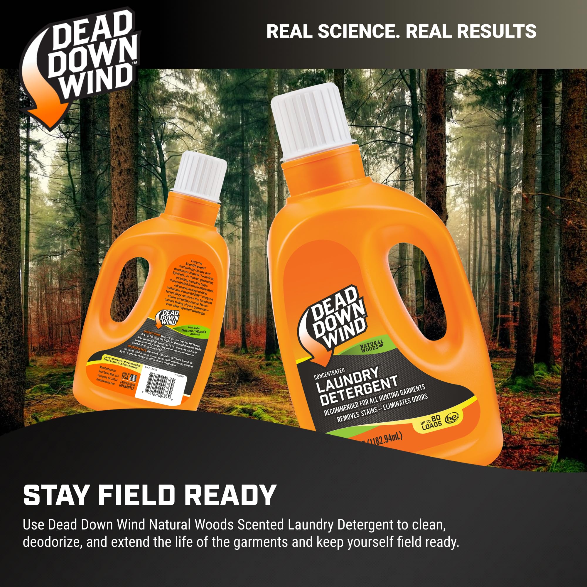 Dead Down Wind Laundry Detergent | 40oz Bottle | Natural Woods | Gentle Odor Eliminator + Stain Remover for Hunting Accessories, Gear and Clothes