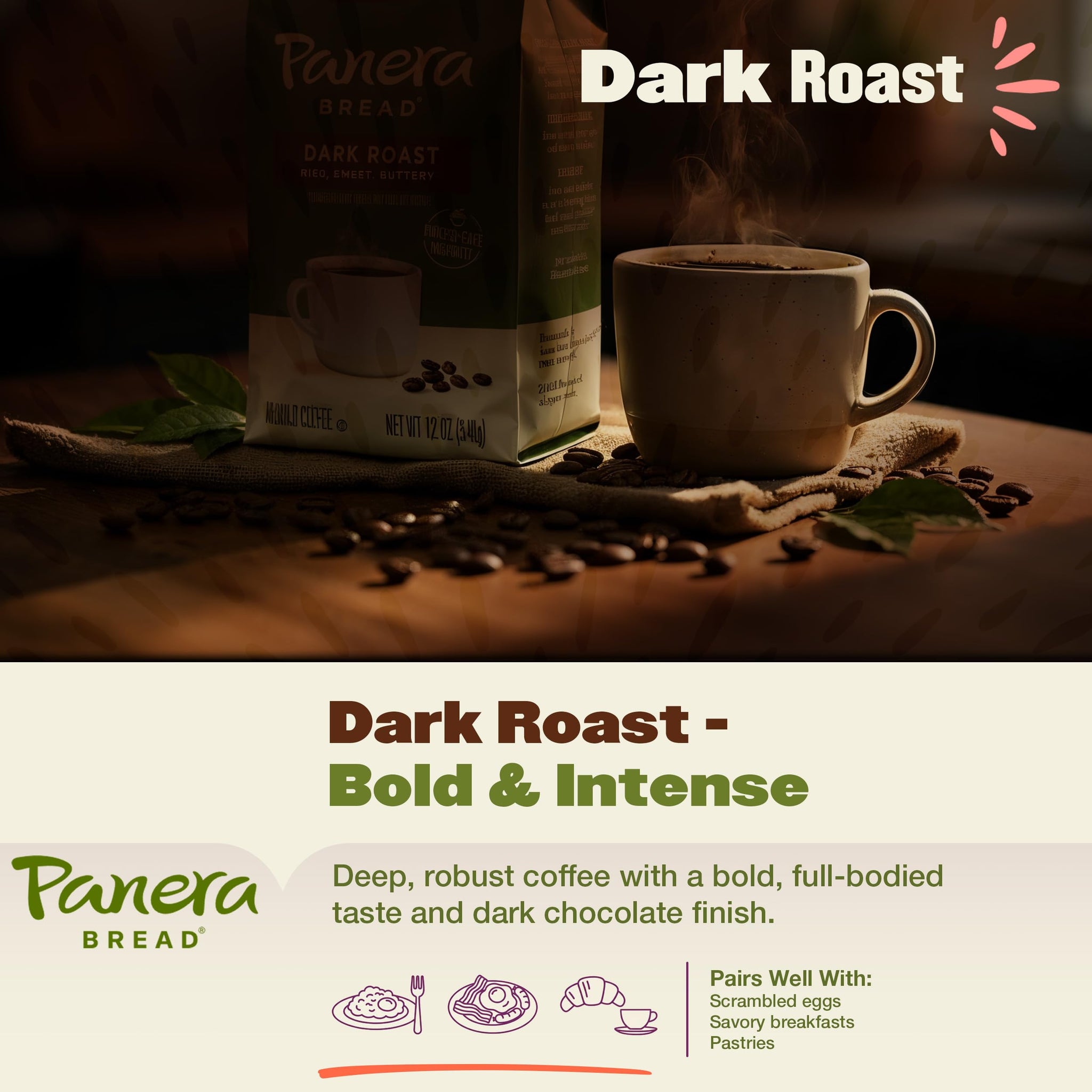 Panera Dark Roast Ground Coffee, - Bold Breakfast Brew with Dark Chocolate Finish - 100% Arabica Beans, Sustainably Sourced - Kosher, Dairy-Free