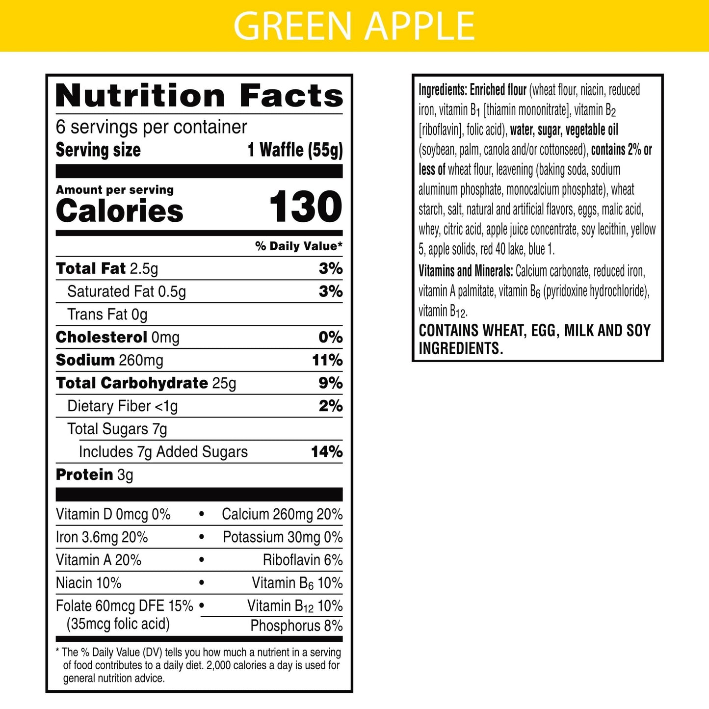 Dragon Frozen Waffles, Frozen Breakfast, Toaster Waffles, Green Apple, 11.6oz Box (6 Waffles)