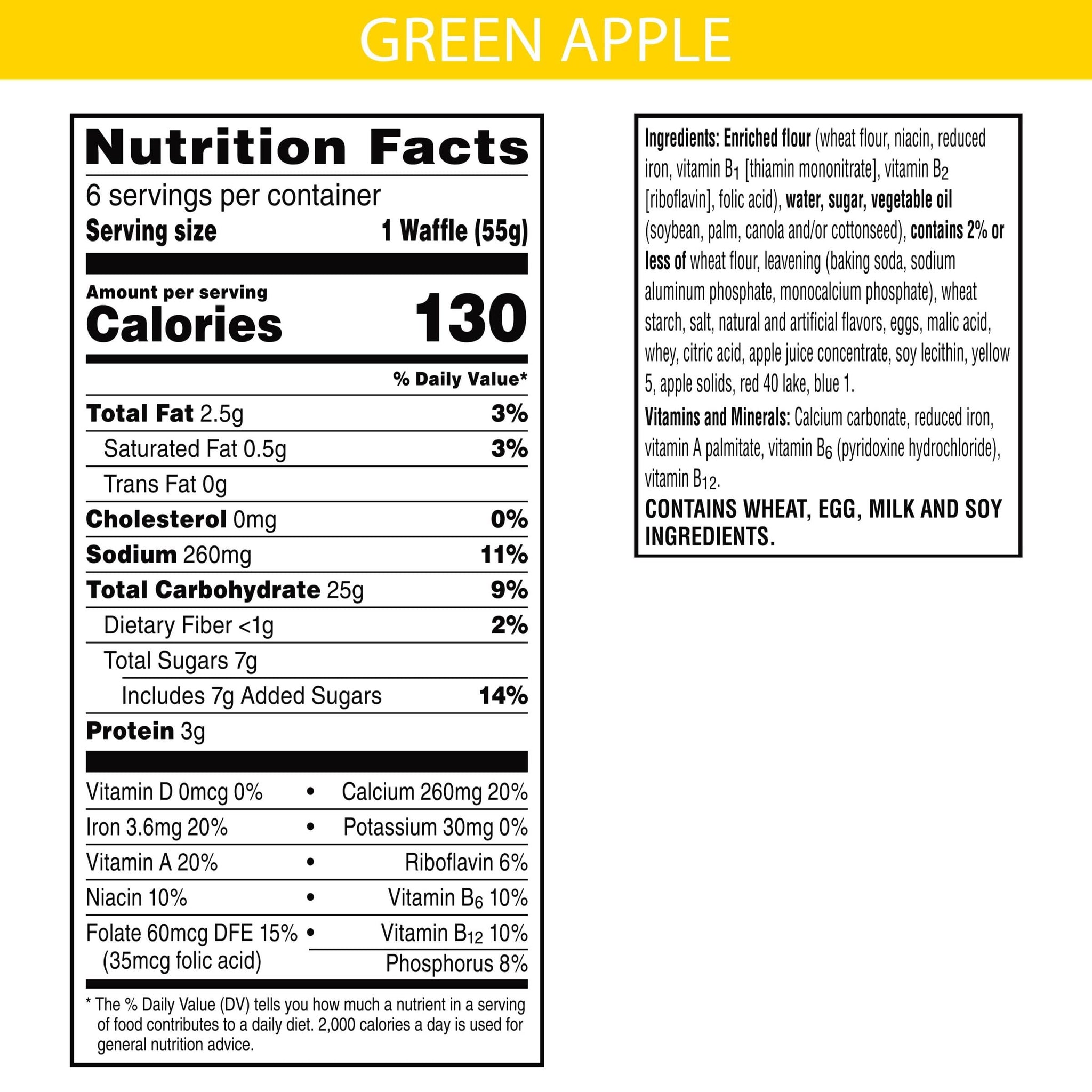 Dragon Frozen Waffles, Frozen Breakfast, Toaster Waffles, Green Apple, 11.6oz Box (6 Waffles)
