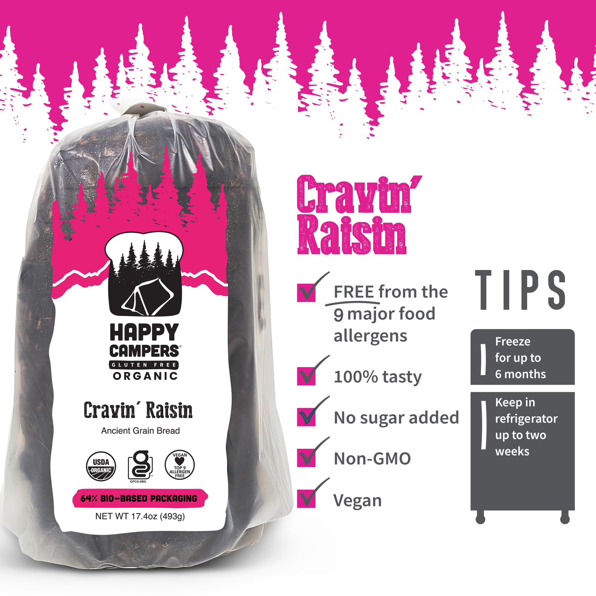 Happy Campers Cravin’ Raisin Cinnamon Spice Gluten Free Bread, Organic, Non-GMO, Vegan, 17.4 oz Loaf (Pack of 4)