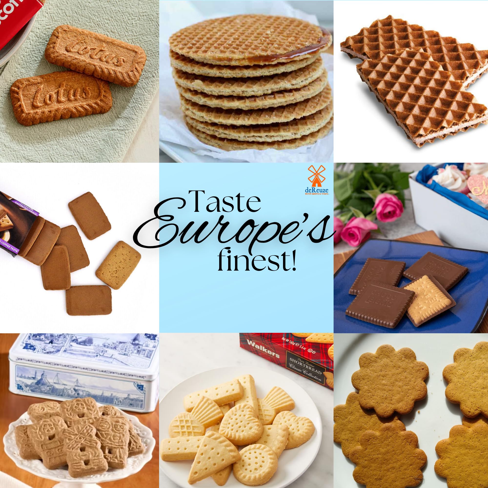 deReuze Dutch Snack Box from Netherlands Gourmet Cookies Pack - 8 Assorted Treats in a Flip-Top Box Stroopwafel Ginger Snaps Shortbread Chocolate