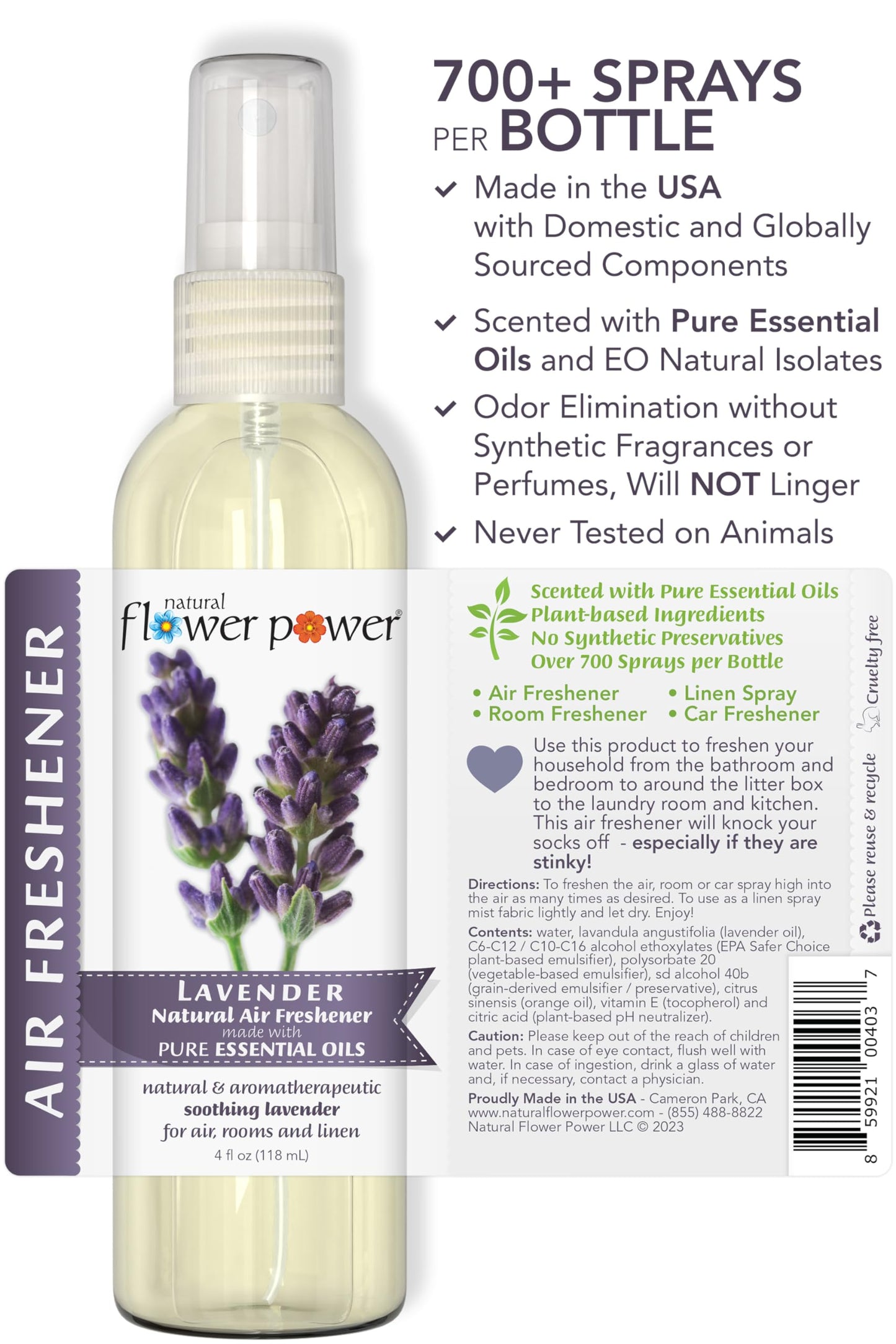 Natural Flower Power Air Freshener Spray - Odor Eliminator with Essential Oils for the Home, Car & Fabric - Cruelty Free & Vegan - 3 Pack - Lavender