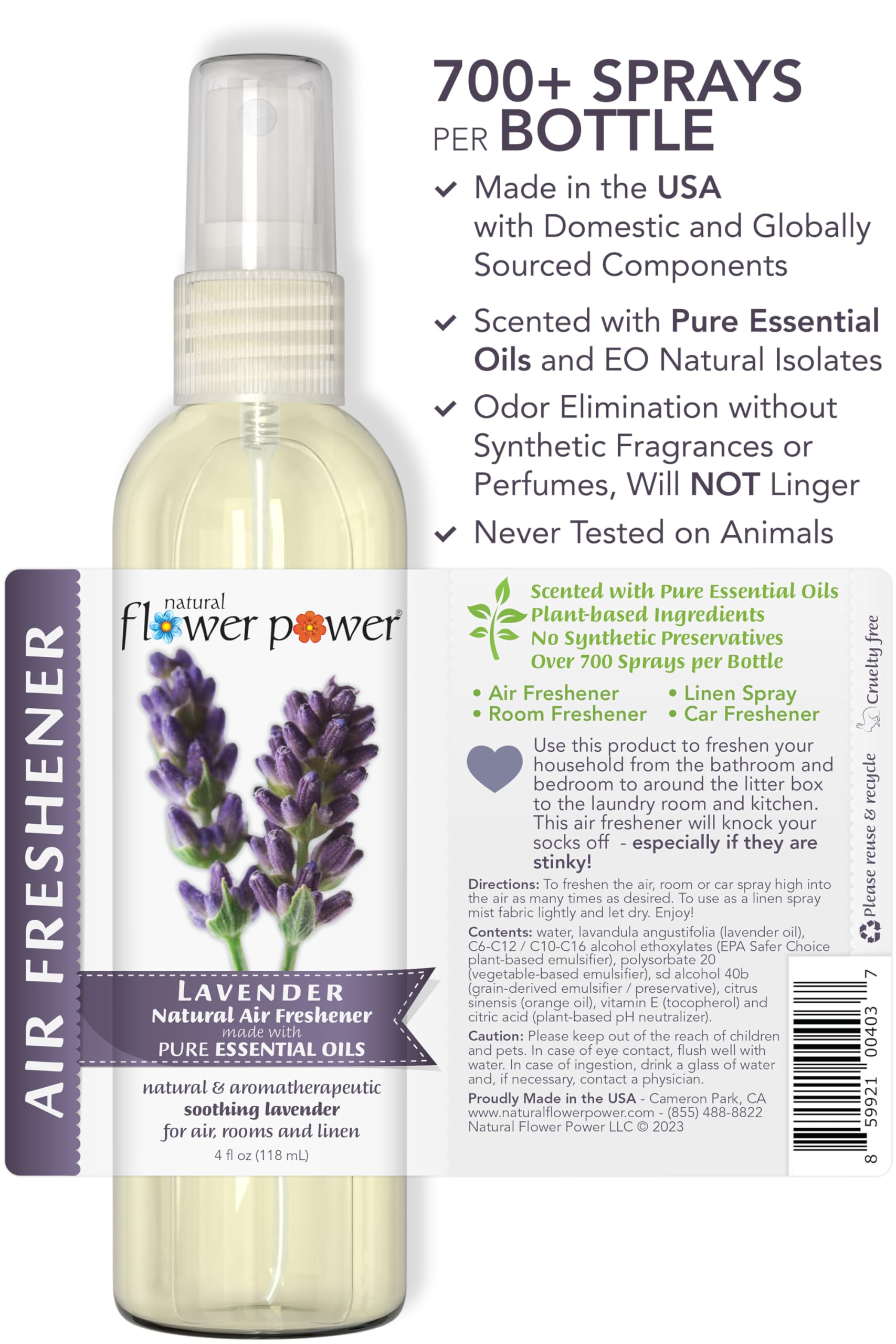 Natural Flower Power Air Freshener Spray - Odor Eliminator with Essential Oils for the Home, Car & Fabric - Cruelty Free & Vegan - 3 Pack - Lavender