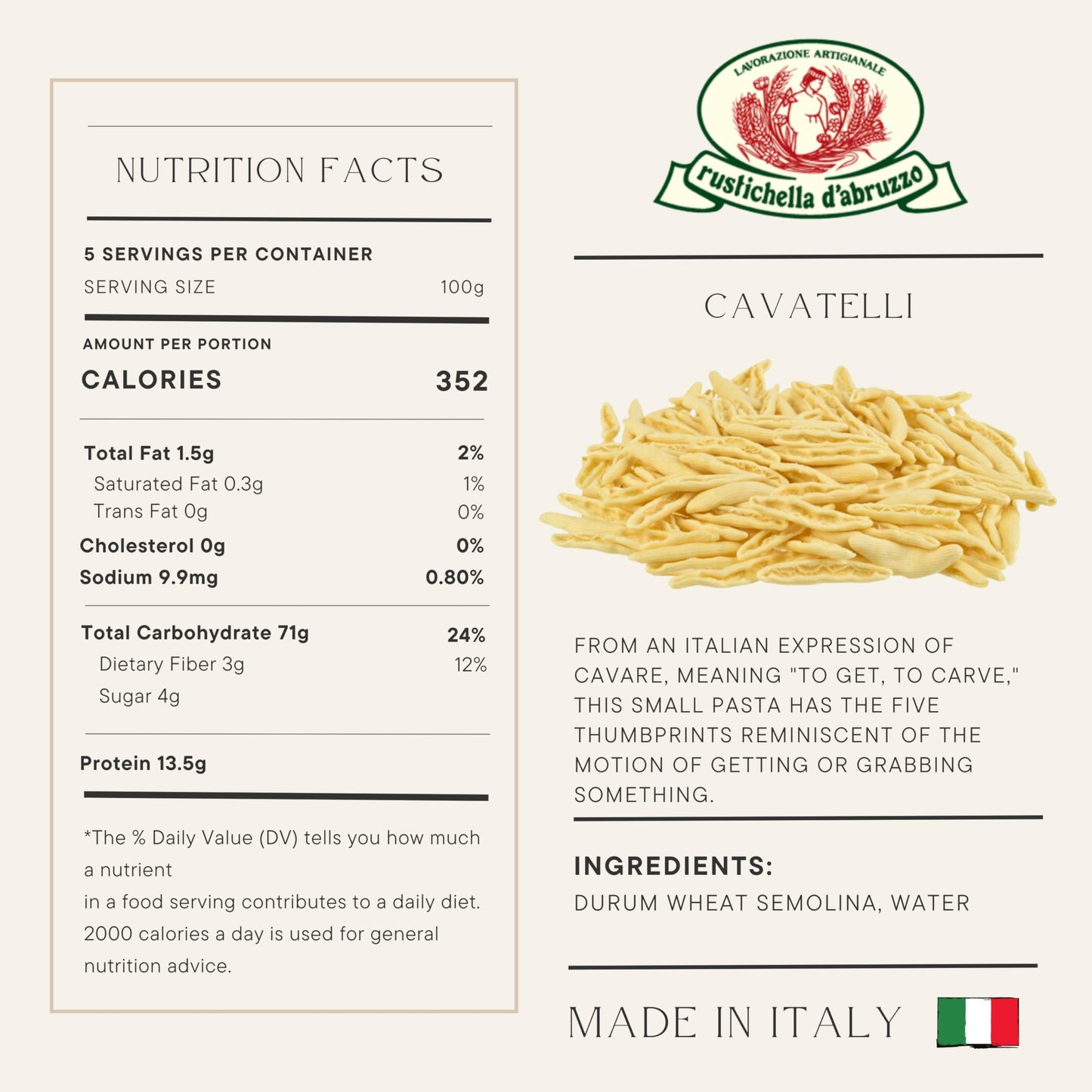 Rustichella d'Abruzzo Cavatelli - 500g Hand-Carved Pasta - Perfect for Soup & Ragù - Classic Durum Wheat from Italy, 1 Pack