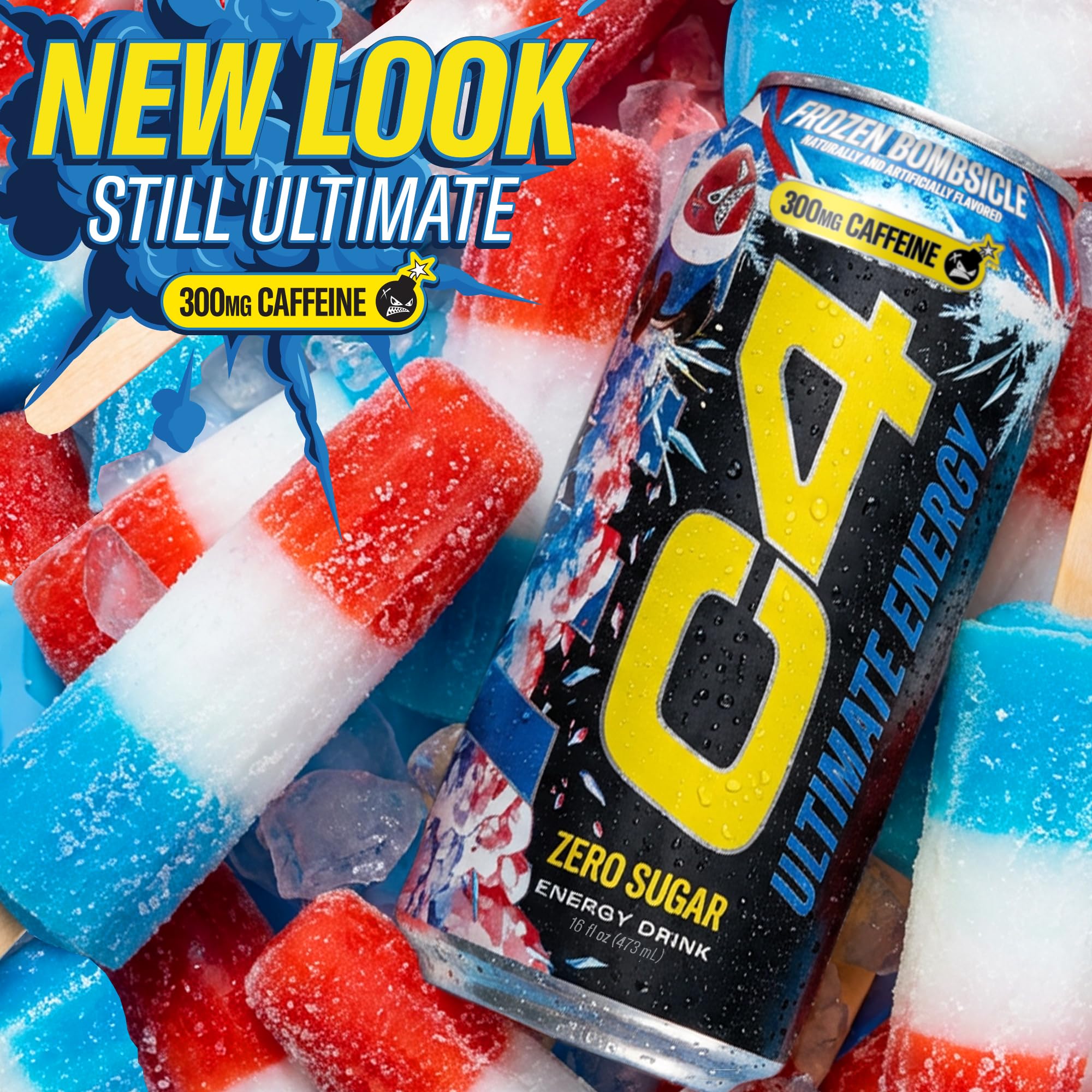 C4 Ultimate Energy Drink, 300mg Caffeine, Zero Sugar, High-Performance Energy for Pre-Workout, Endurance, and Focus, Frozen Bombsicle, 16oz (Pack