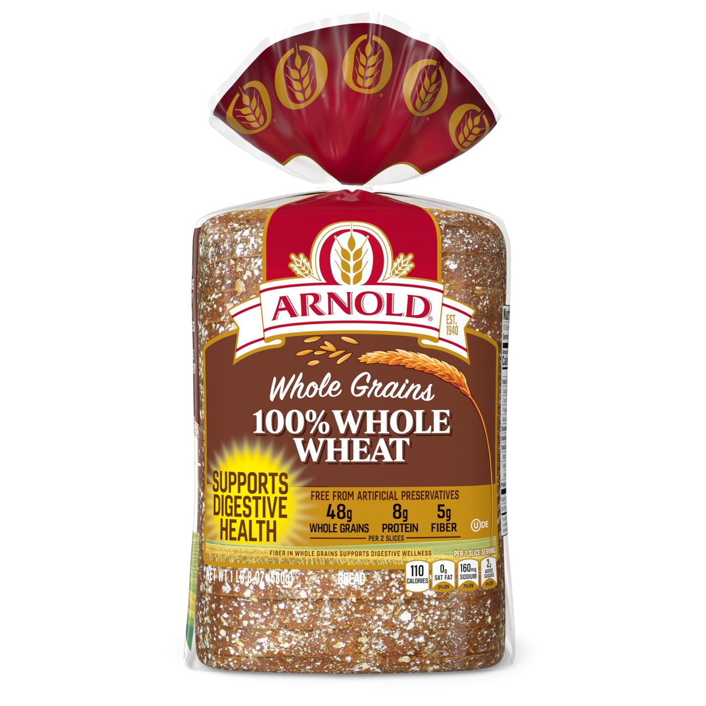Arnold Whole Grains 100% Whole Wheat Bread, Wheat Bread Free From Artificial Colors, Flavors and Preservatives, 24 oz Loaf