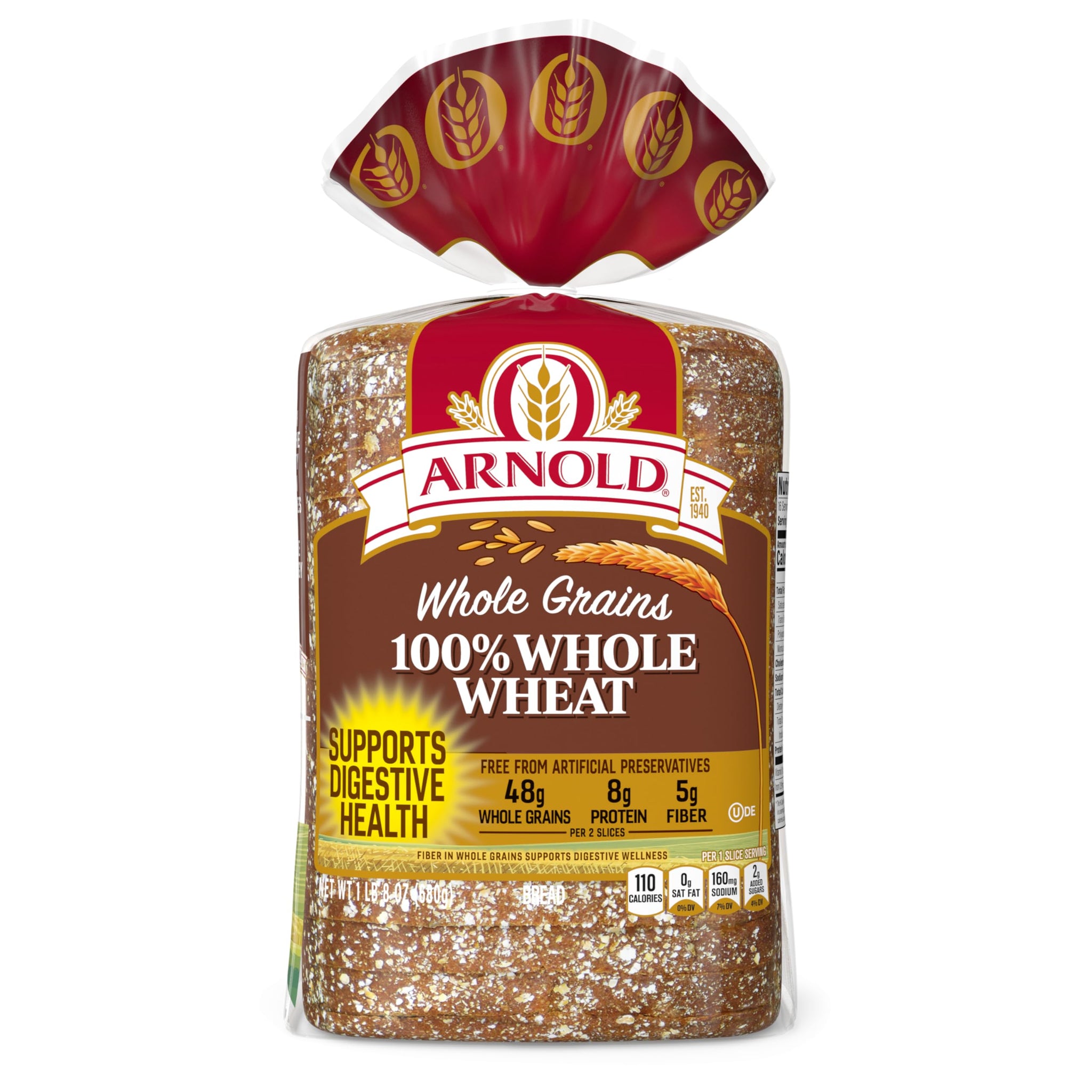 Arnold Whole Grains 100% Whole Wheat Bread, Wheat Bread Free From Artificial Colors, Flavors and Preservatives, 24 oz Loaf