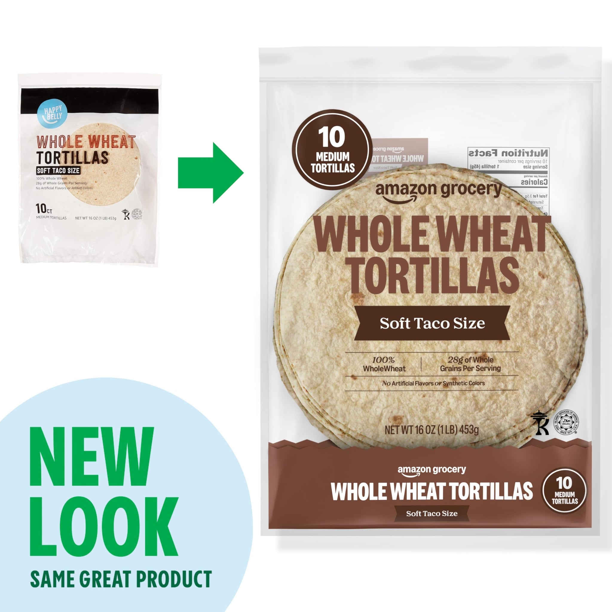 Amazon Grocery, Whole Wheat Tortilla, Soft Taco Size, 16 Oz, 10 Ct