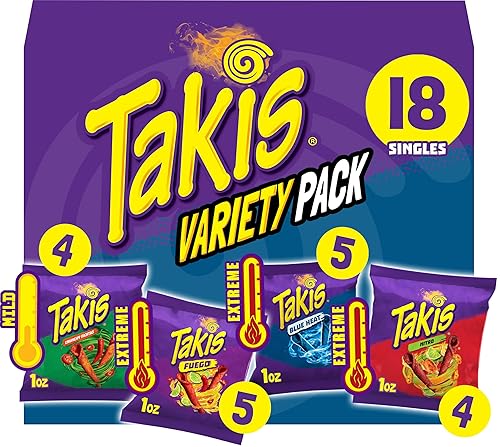 Takis 18 pc / 1 oz Variety Pack, Assorted Flavored Mixed Rolled Tortilla Chips - (5) Fuego, (5) Blue Heat, (4) Nitro, (4) Crunchy Fajitas