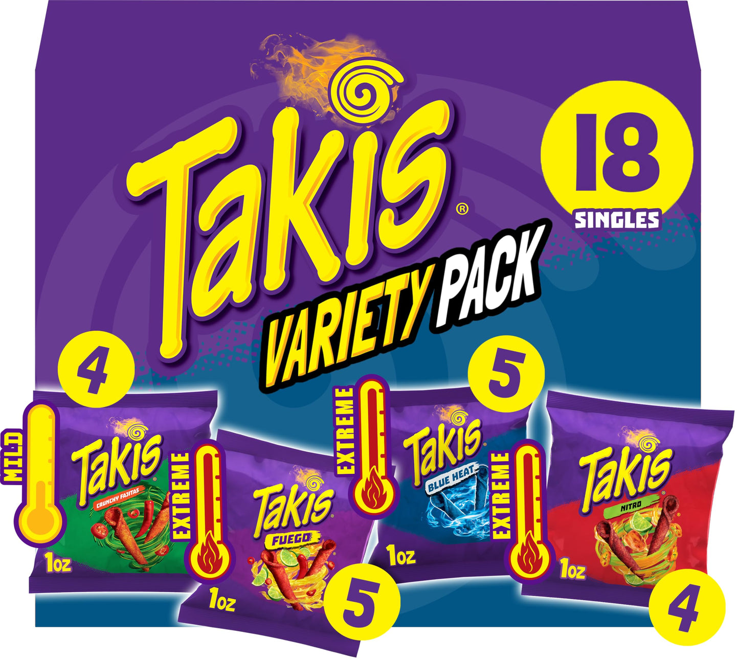 Takis 18 pc / 1 oz Variety Pack, Assorted Flavored Mixed Rolled Tortilla Chips - (5) Fuego, (5) Blue Heat, (4) Nitro, (4) Crunchy Fajitas