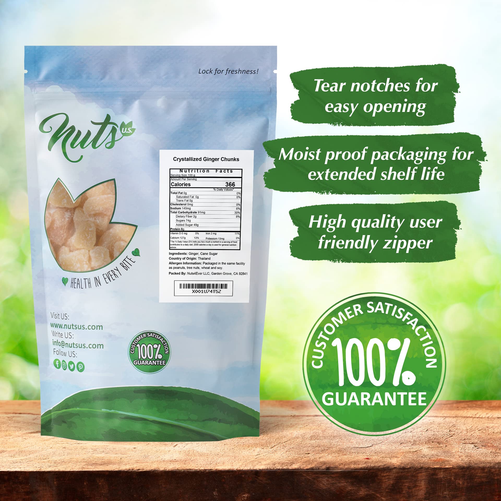 NUTS U.S. - Unsulphured Crystallized Ginger Chunks | No Artificial Colors | Fresh and Delicious Dried Gingers in Resealable Bag!!! (3 LBS)