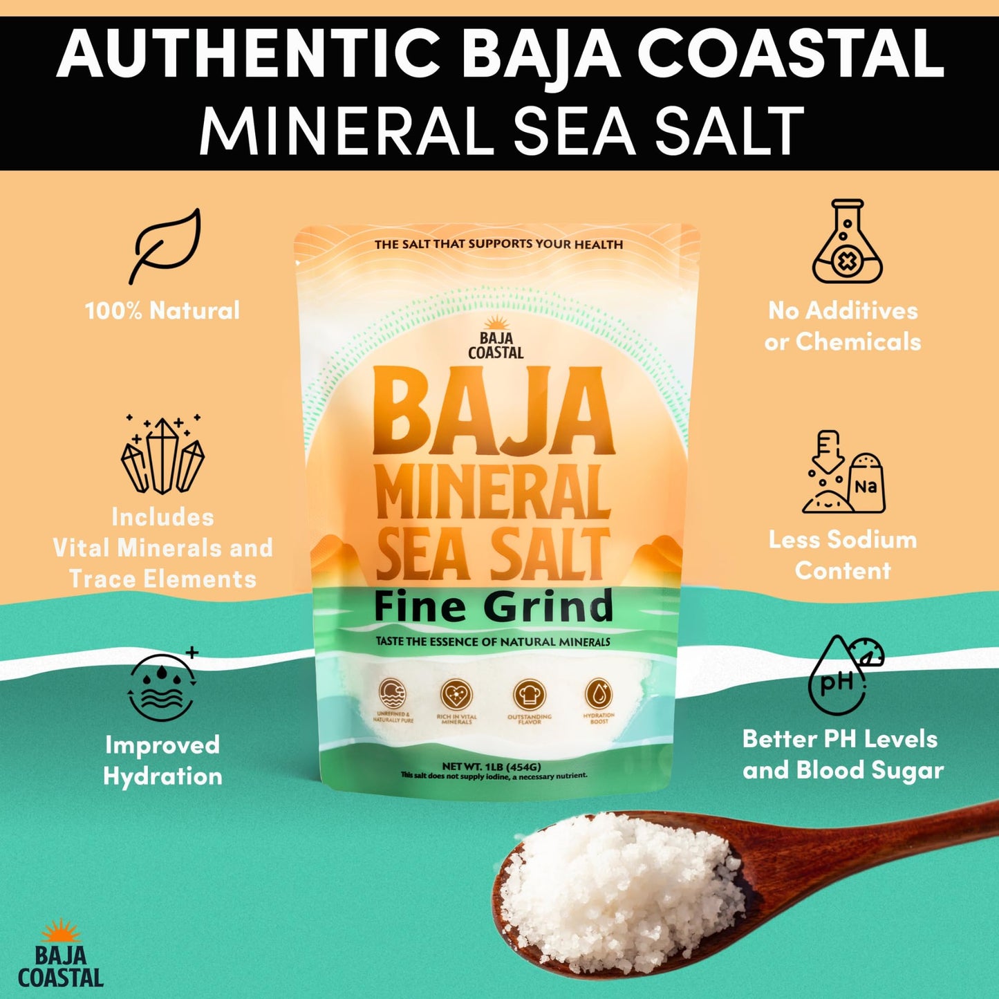 Baja Coastal - Baja Mineral Sea Salt, Fine Grind, 1lb - 16oz. 100% Organic & Unrefined, Rich in Essential Minerals, Low Sodium Salt, Perfect for