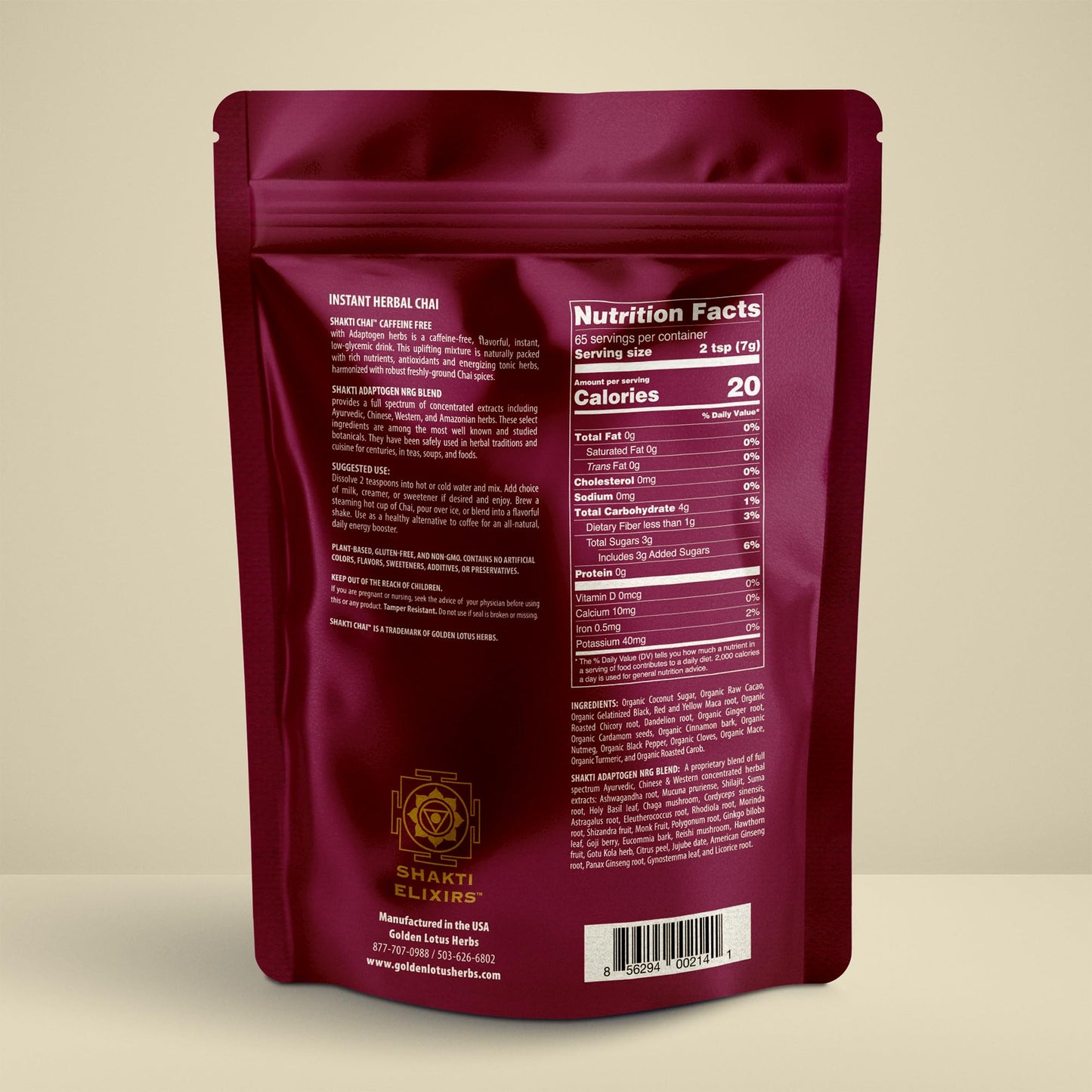 Golden Lotus Herbs Chai Tea (Shakti Chai Decaf with Adaptogens & Raw Cacao, 16 Oz.)