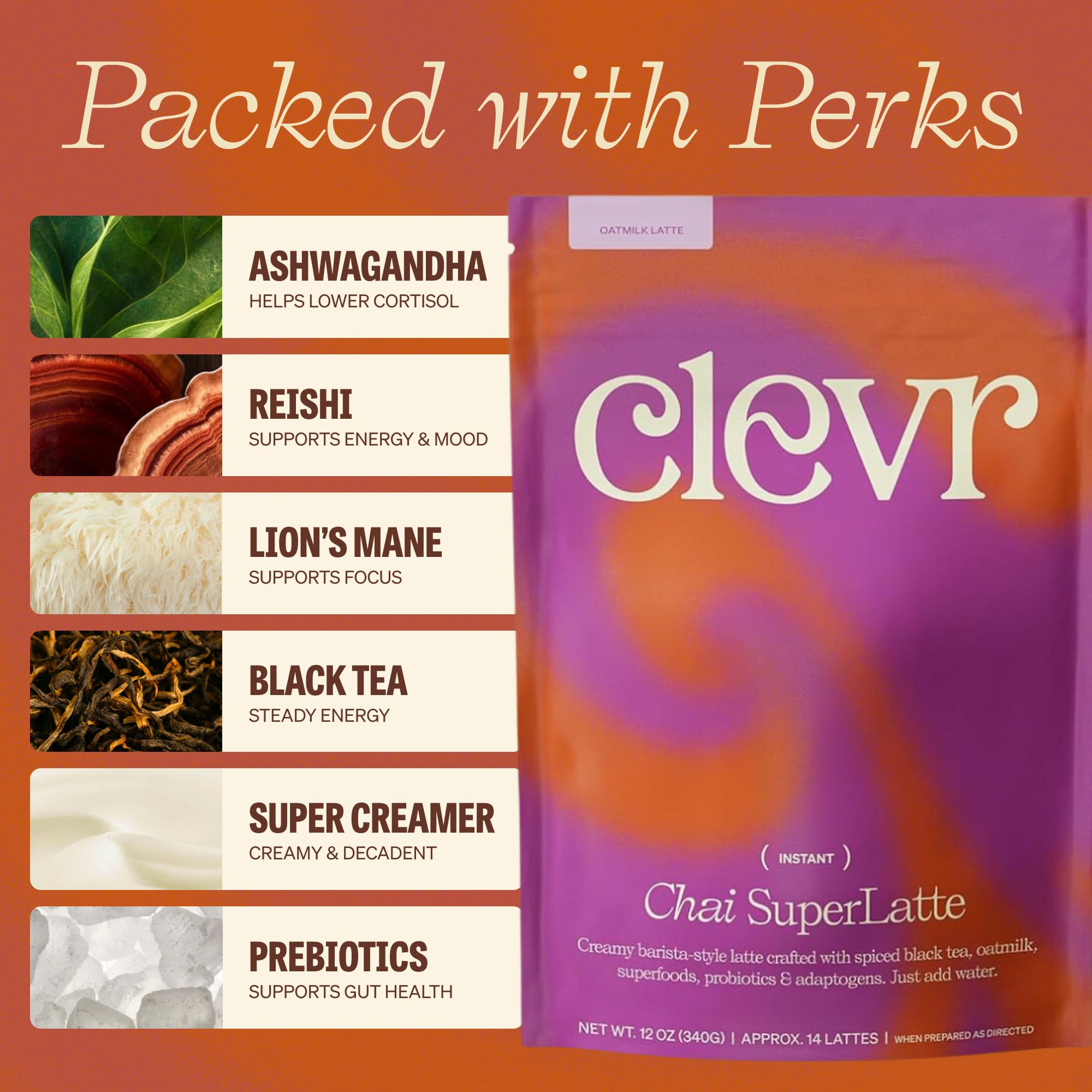 Clevr Chai Tea Latte, Instant Superfood Powder Blend with Lions Mane, Reishi Mushroom, Black Tea, Organic Spices, Coconut Cream, Ashwagandha, Oprah’s