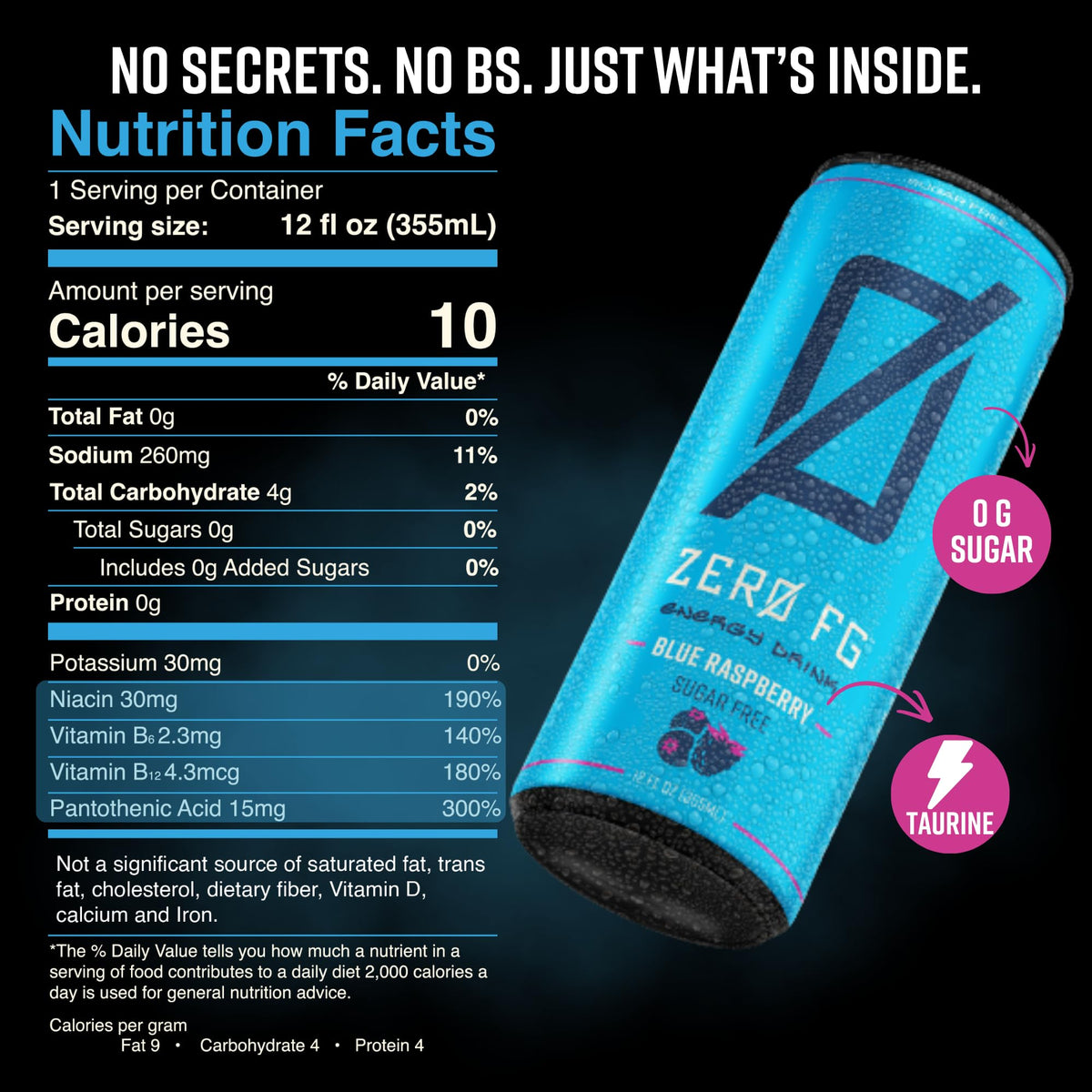 ZERO FG Energy Drinks - Bold Blue Raspberry Flavor, 140mg of natural caffeine, no artificial colors, no artificial flavors (Pack of 12) (12 Fl. Oz