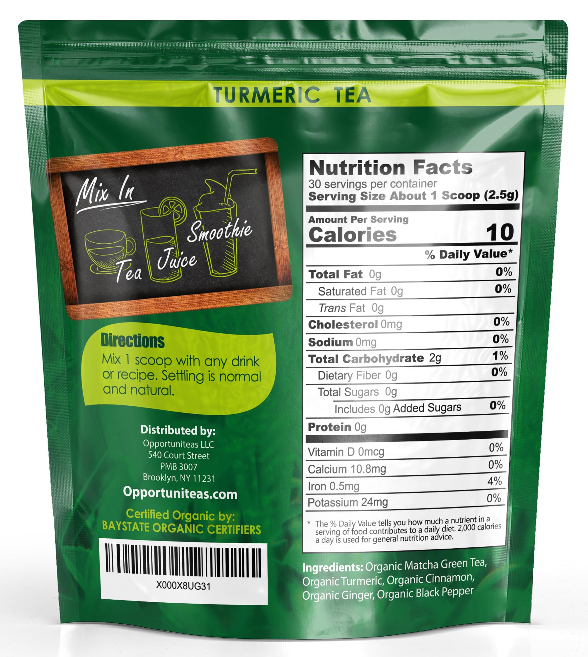 Opportuniteas Organic Turmeric Tea Powder - Matcha Green Tea, Turmeric, Cinnamon, Ginger, Black Pepper - Natural Joint Support - Vegan & Non-GMO - 30