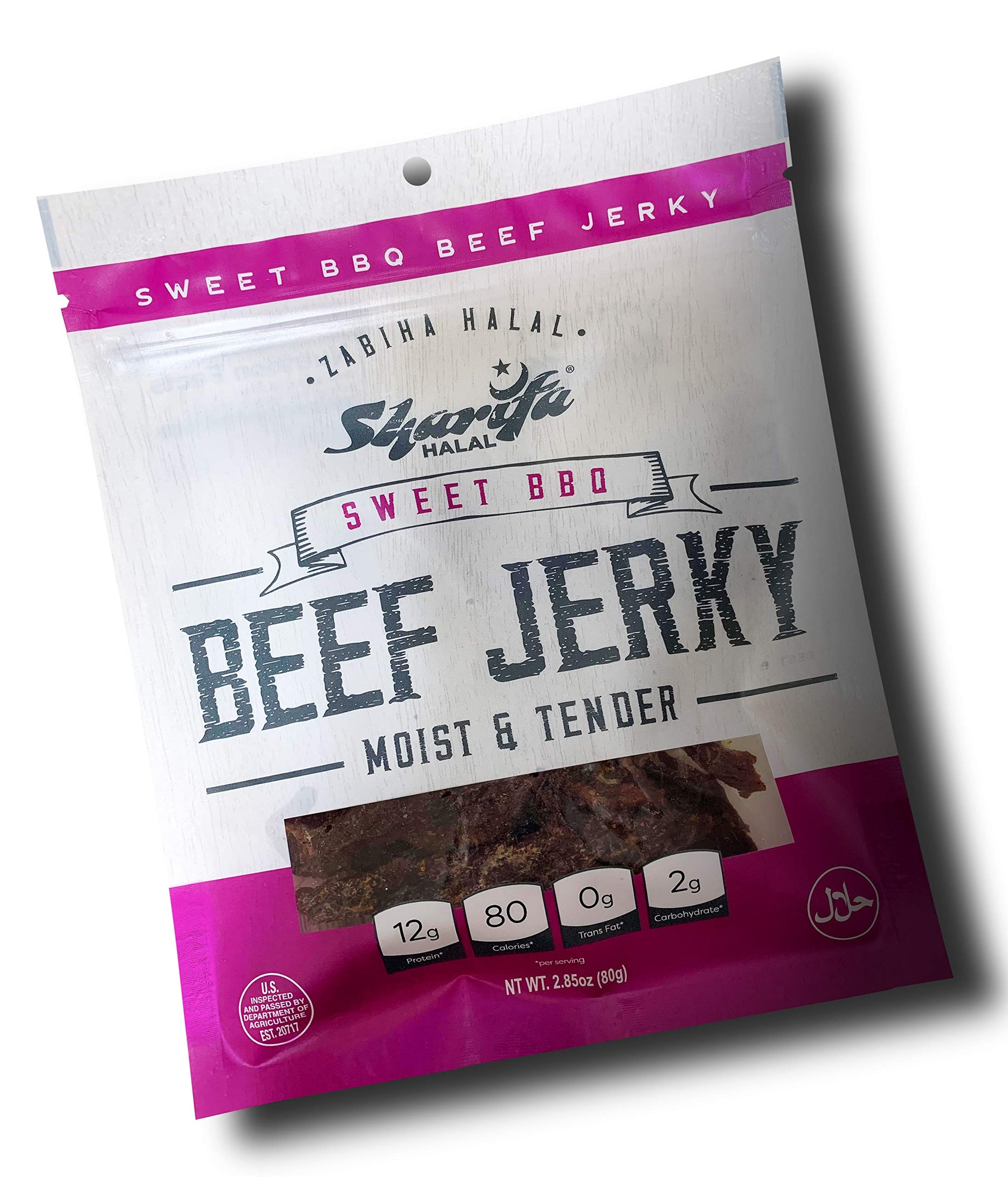Sharifa Halal Beef Jerky, Sweet BBQ, (1) 2.85 oz. Bag - Great Everyday Halal Jerky Beef Meat Snack, 100 % Real Zabiha Halal Beef, 12g of Protein, 80