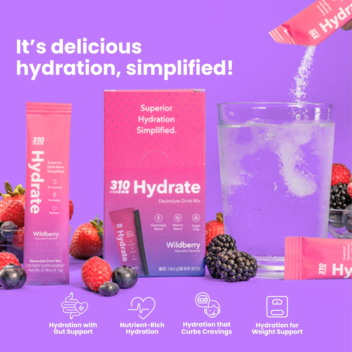 310 Nutrition Sugar Free Electrolytes Powder - Instant Hydration Packets for Daily Fluid Balance - Caffeine-Free Rehydration Drink Mix w/ Vitamins