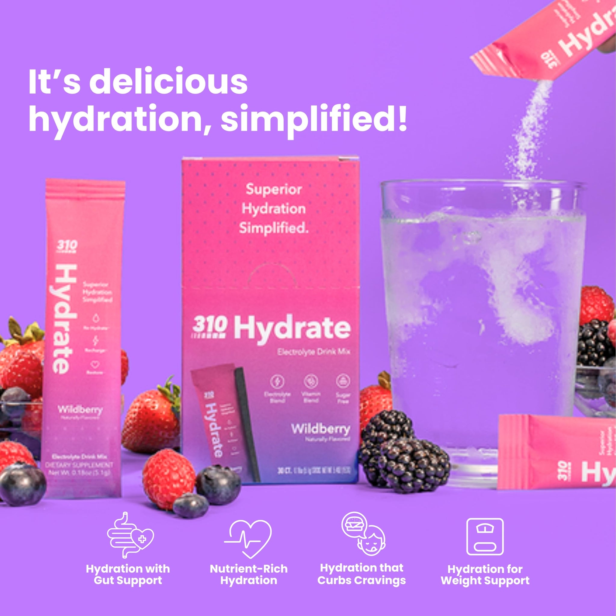 310 Nutrition Sugar Free Electrolytes Powder - Instant Hydration Packets for Daily Fluid Balance - Caffeine-Free Rehydration Drink Mix w/ Vitamins