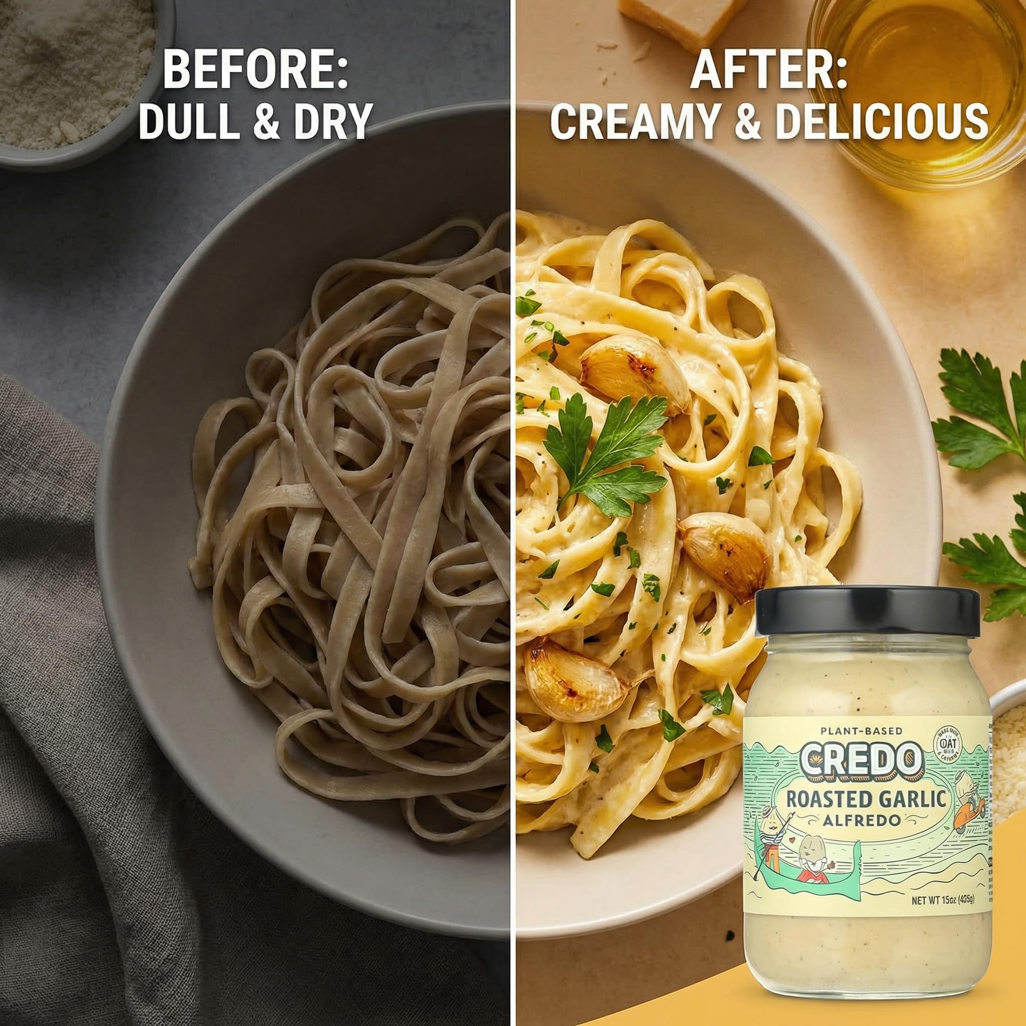 Credo Foods Sauce Roasted Garlic Alfredo 15 oz - Pasta Sauce for Fettuccine and Pantry Staples - Creamy Garlic for Cheese Dip and Nacho Style Dishes