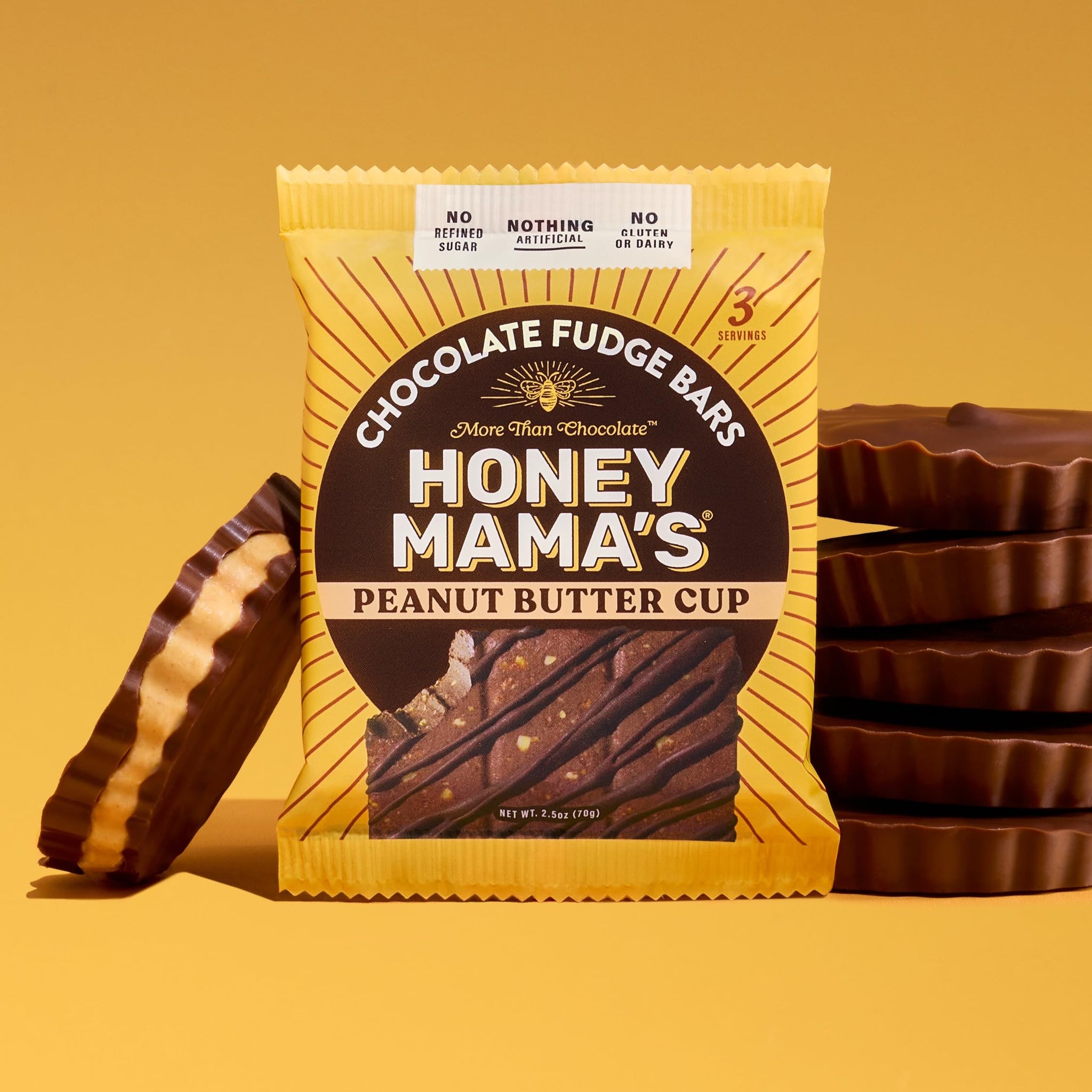 Honey Mama's, Peanut Butter Cup Chocolate Fudge Bars, NO Refined Sugar, Gluten Free, Dairy Free, Soy Free, NO Seed Oils, 2.5 Ounce, 3-Serving Bar