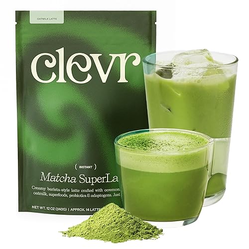 Clevr Matcha SuperLatte, Instant Ceremonial Grade, Superfood Powder Blend with Lions Mane, Reishi Mushroom, Coconut Cream, Ashwagandha, Serve Hot or